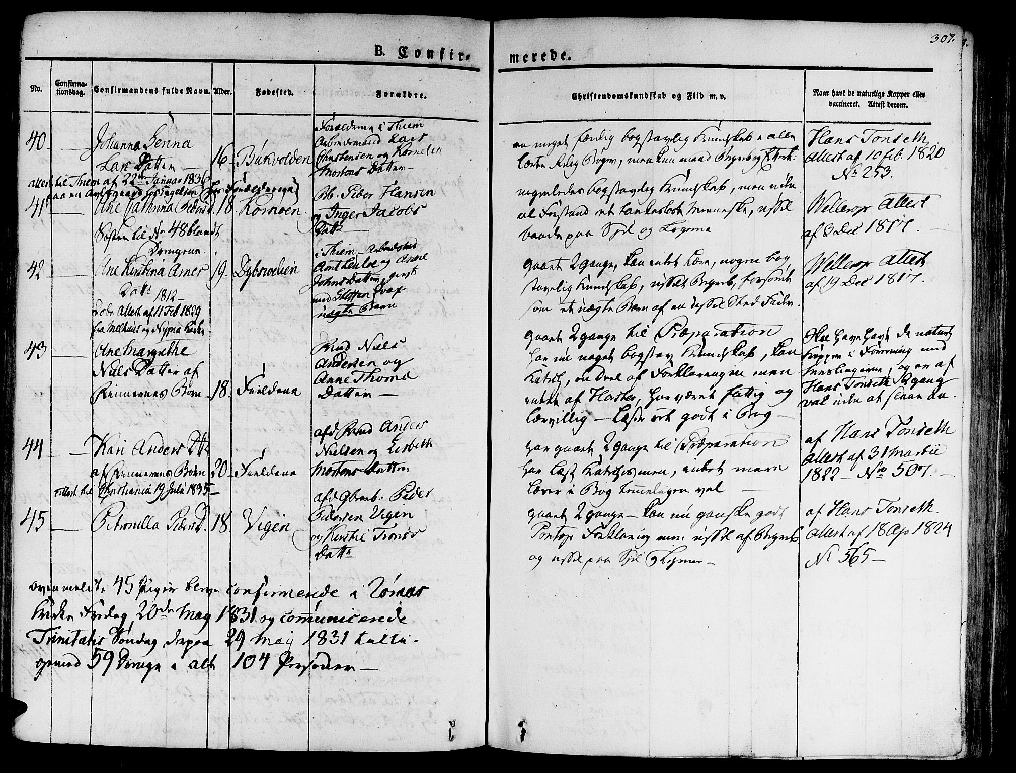 Ministerialprotokoller, klokkerbøker og fødselsregistre - Sør-Trøndelag, SAT/A-1456/681/L0930: Parish register (official) no. 681A08, 1829-1844, p. 307
