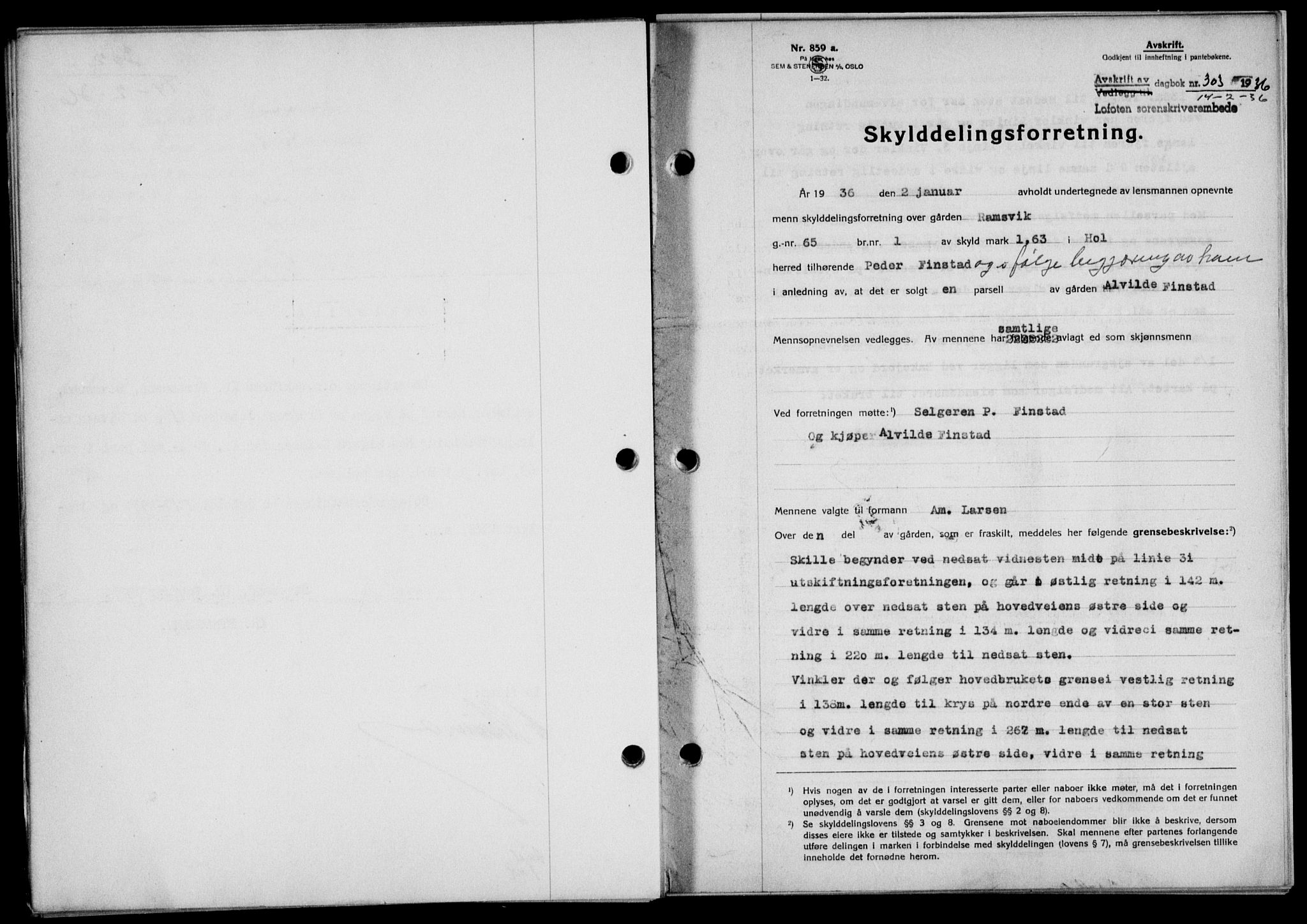 Lofoten sorenskriveri, SAT/A-0017/1/2/2C/L0033b: Mortgage book no. 33b, 1936-1936, Diary no: : 303/1936
