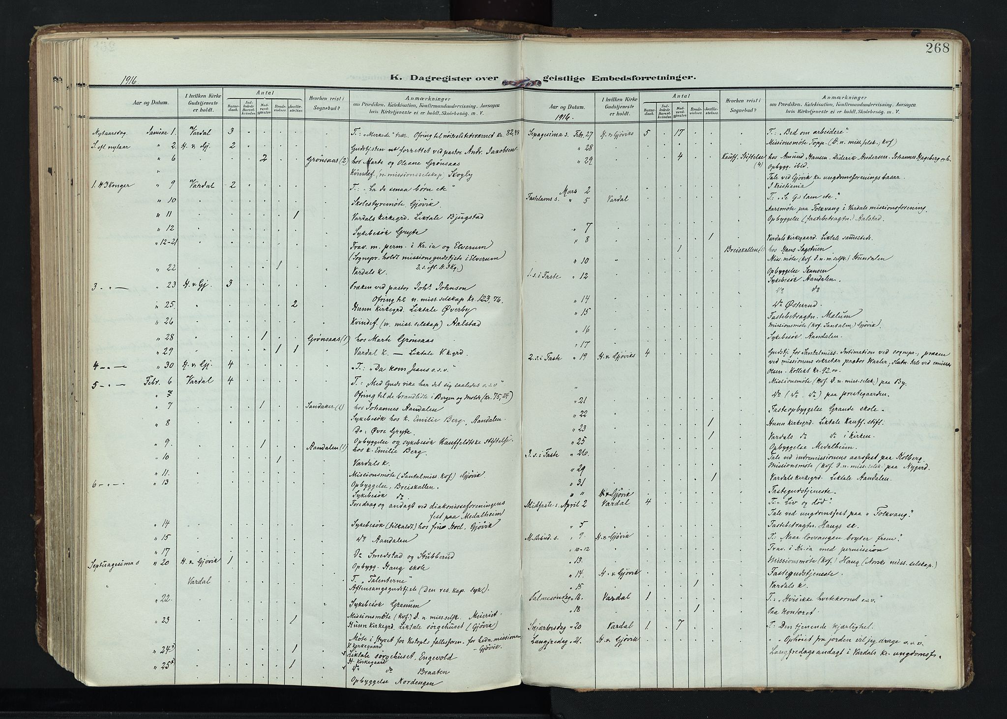 Vardal prestekontor, SAH/PREST-100/H/Ha/Haa/L0020: Parish register (official) no. 20, 1907-1921, p. 268