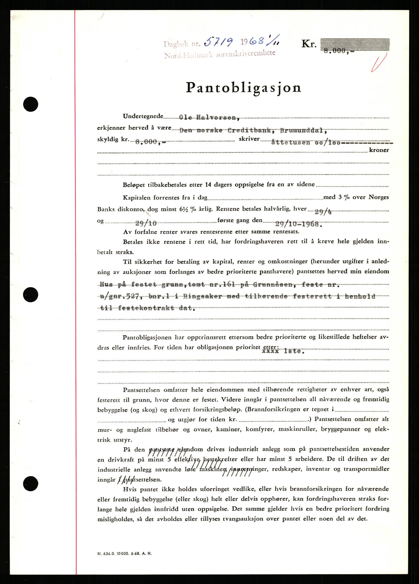 Nord-Hedmark sorenskriveri, SAH/TING-012/H/Hb/Hbf/L0077: Mortgage book no. B77, 1968-1969, Diary no: : 5719/1968