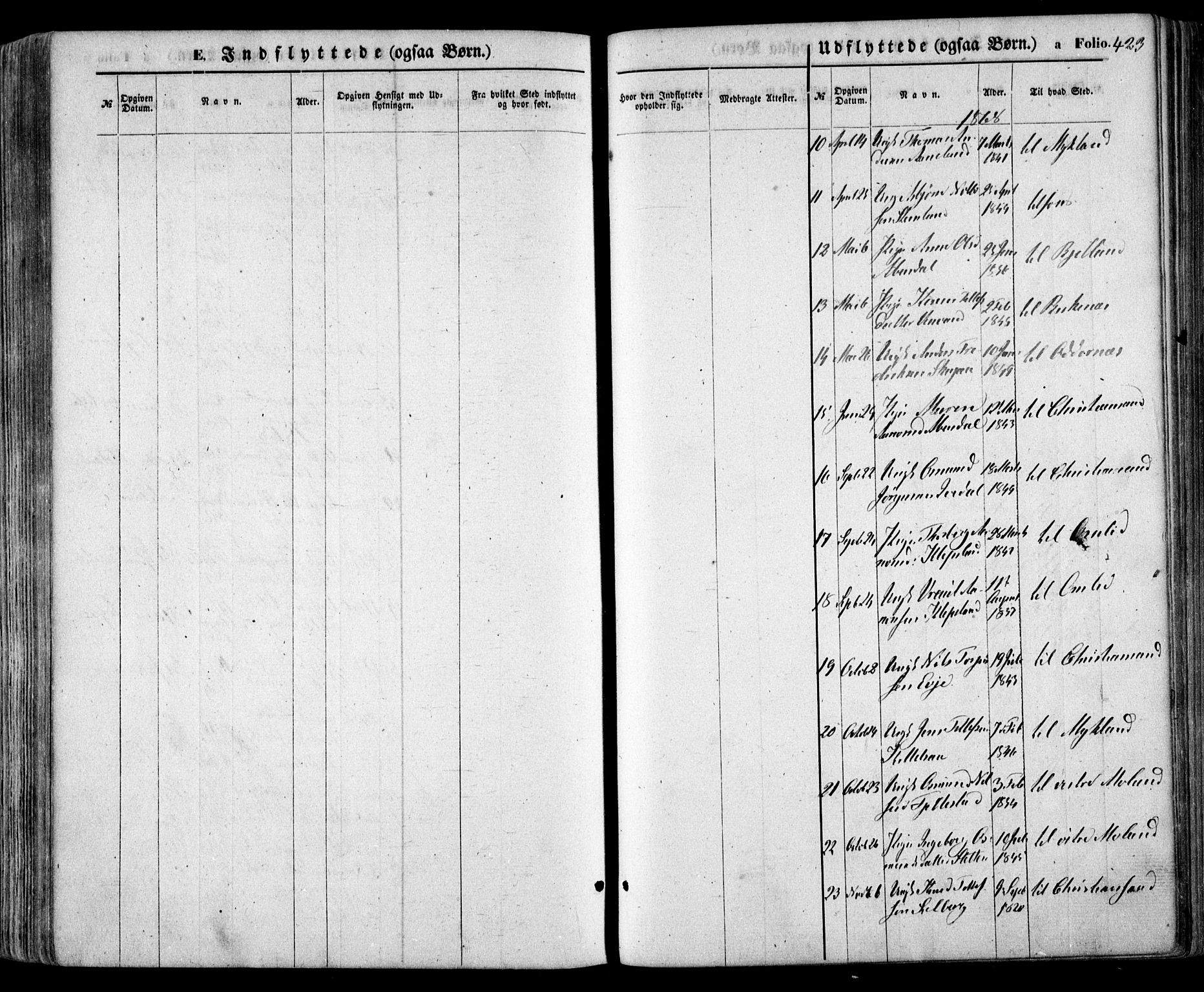 Evje sokneprestkontor, SAK/1111-0008/F/Fa/Faa/L0006: Parish register (official) no. A 6, 1866-1884, p. 423