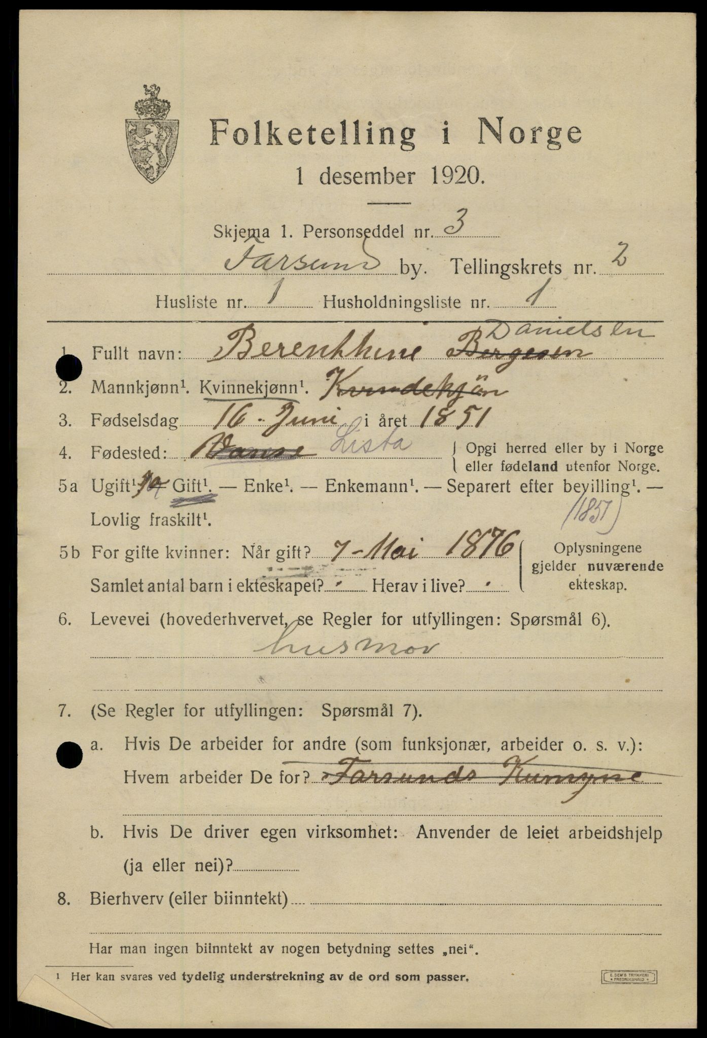 SAK, 1920 census for Farsund, 1920, p. 2567