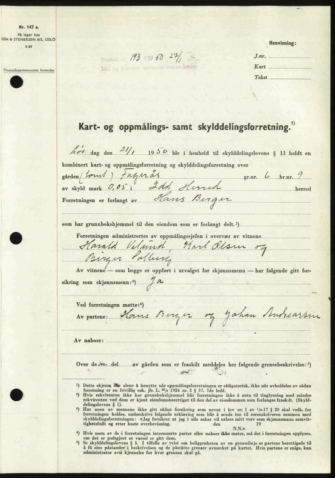 Idd og Marker sorenskriveri, AV/SAO-A-10283/G/Gb/Gbb/L0013: Mortgage book no. A13, 1949-1950, Diary no: : 193/1950