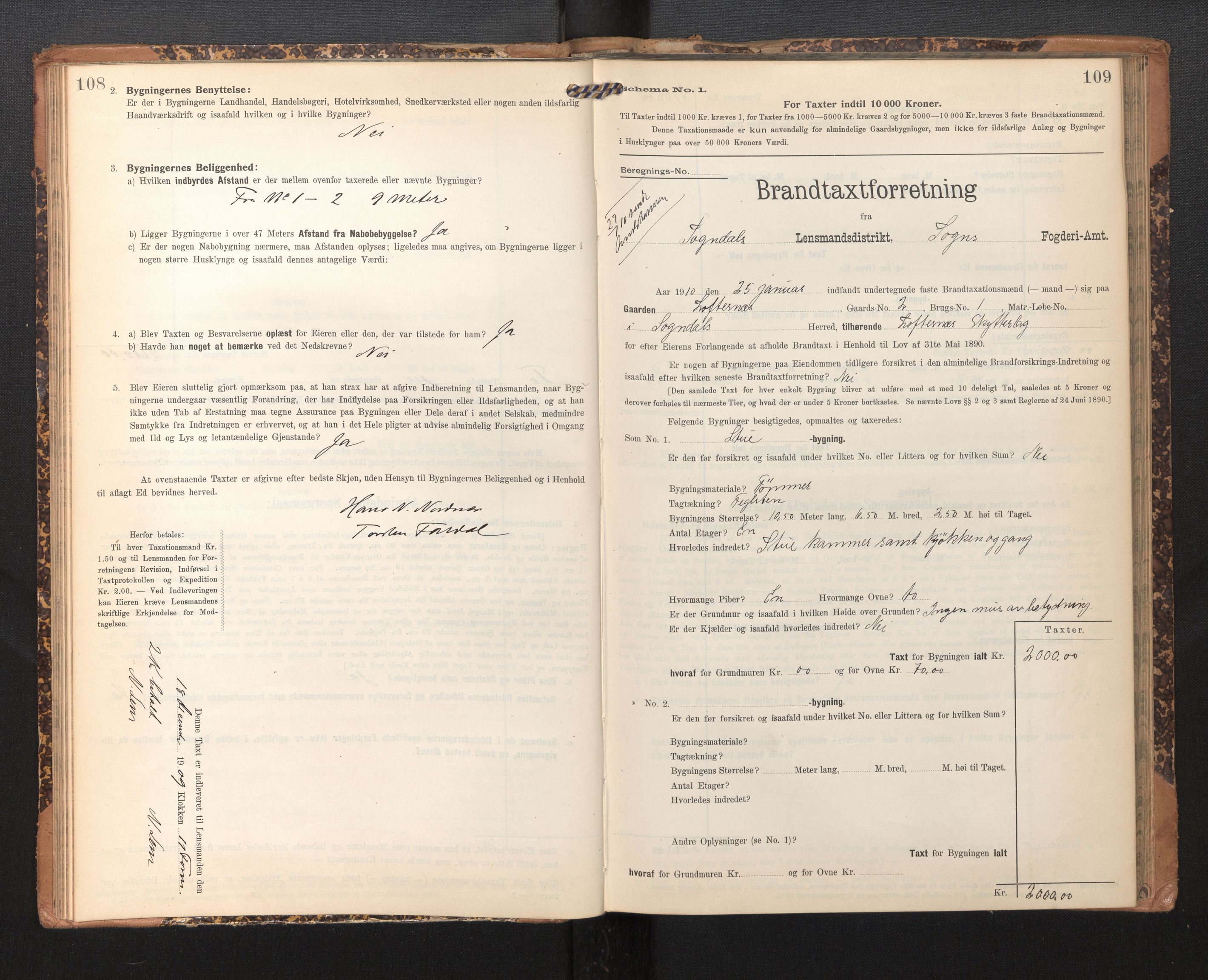 Lensmannen i Sogndal, SAB/A-29901/0012/L0010: Branntakstprotokoll, skjematakst, 1907-1914, p. 108-109