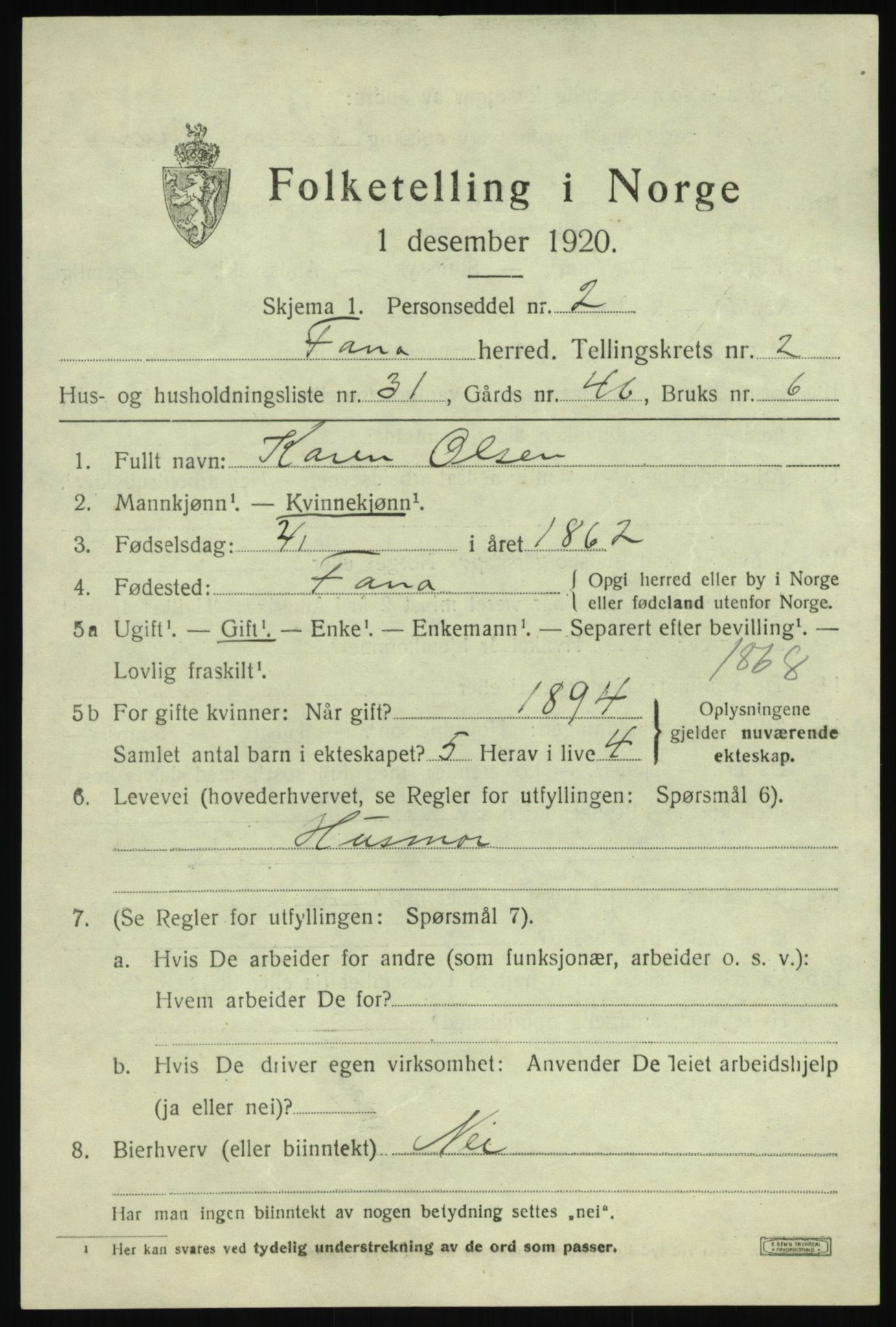 SAB, 1920 census for Fana, 1920, p. 4831