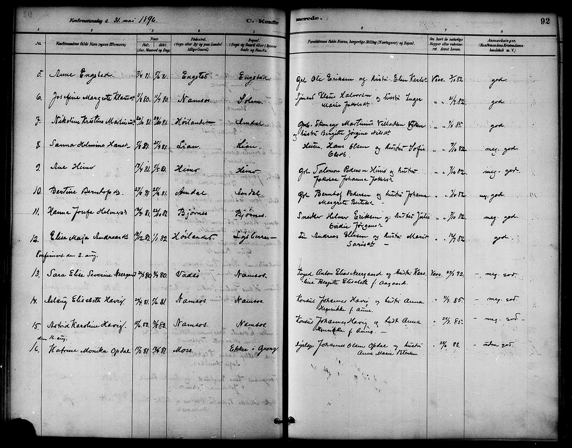 Ministerialprotokoller, klokkerbøker og fødselsregistre - Nord-Trøndelag, SAT/A-1458/764/L0555: Parish register (official) no. 764A10, 1881-1896, p. 92