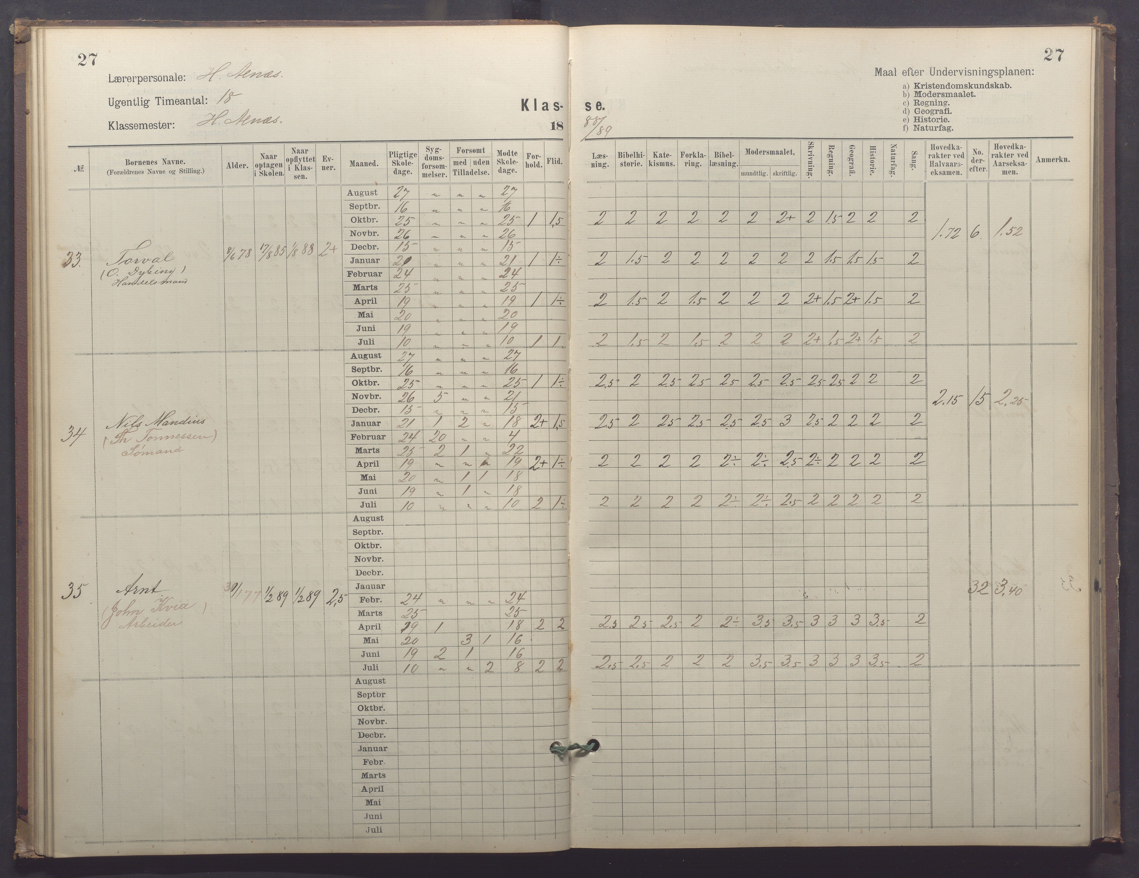 Egersund kommune (Ladested) - Egersund almueskole/folkeskole, IKAR/K-100521/H/L0025: Skoleprotokoll - Almueskolen, 4. klasse, 1887-1892, p. 27