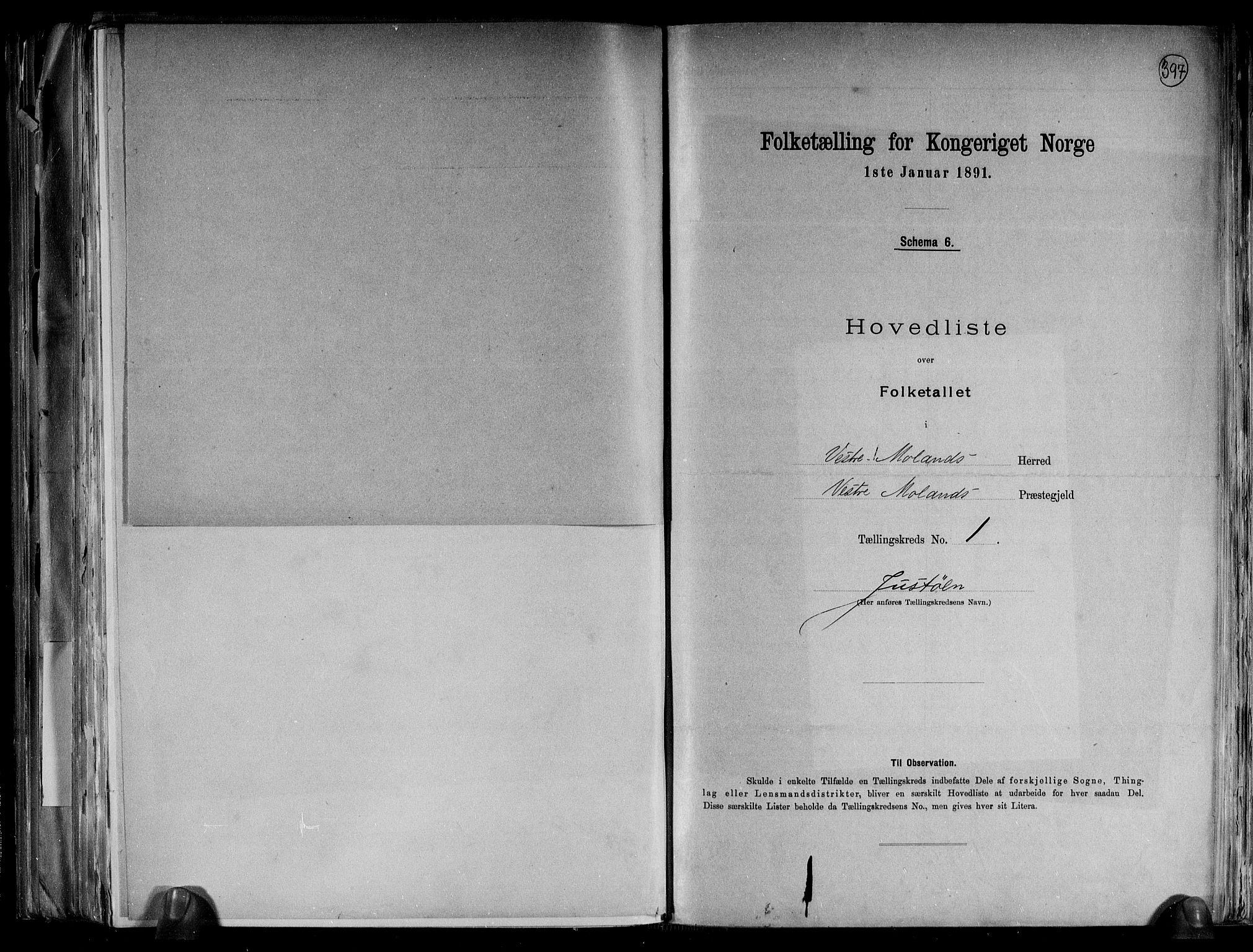 RA, 1891 census for 0926 Vestre Moland, 1891, p. 6