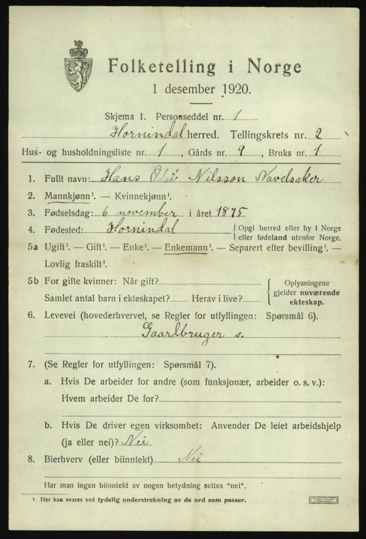 SAB, 1920 census for Hornindal, 1920, p. 938