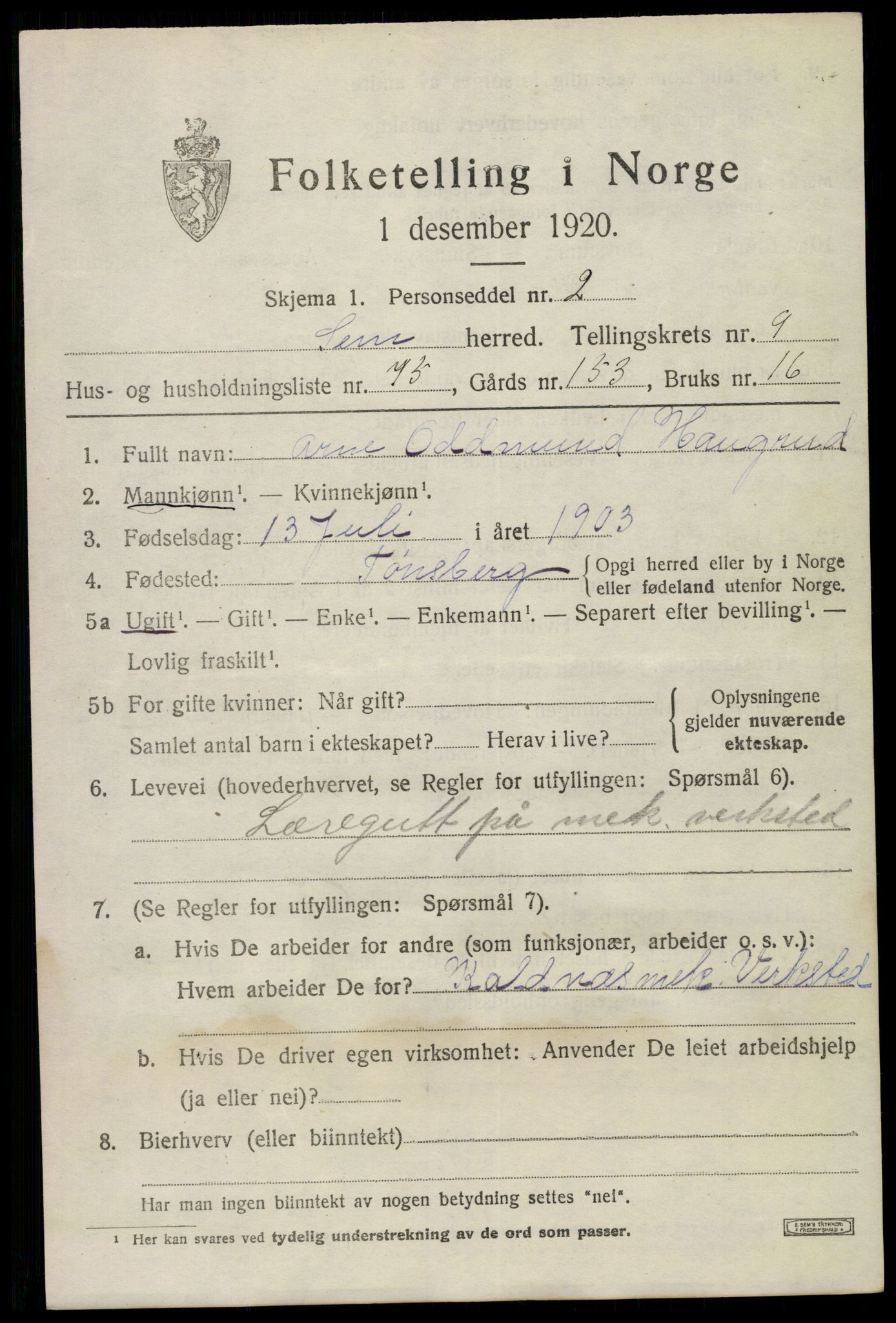 SAKO, 1920 census for Sem, 1920, p. 13403