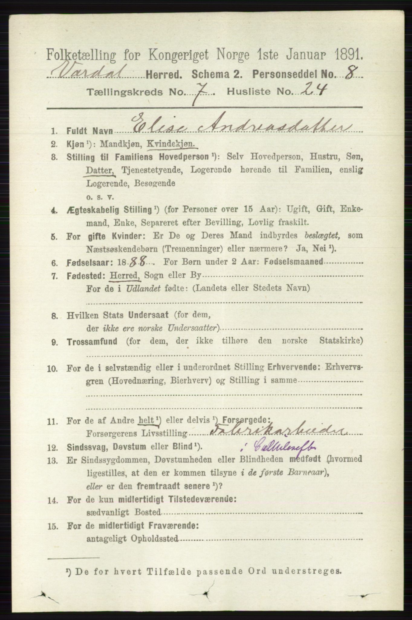 RA, 1891 census for 0527 Vardal, 1891, p. 3124