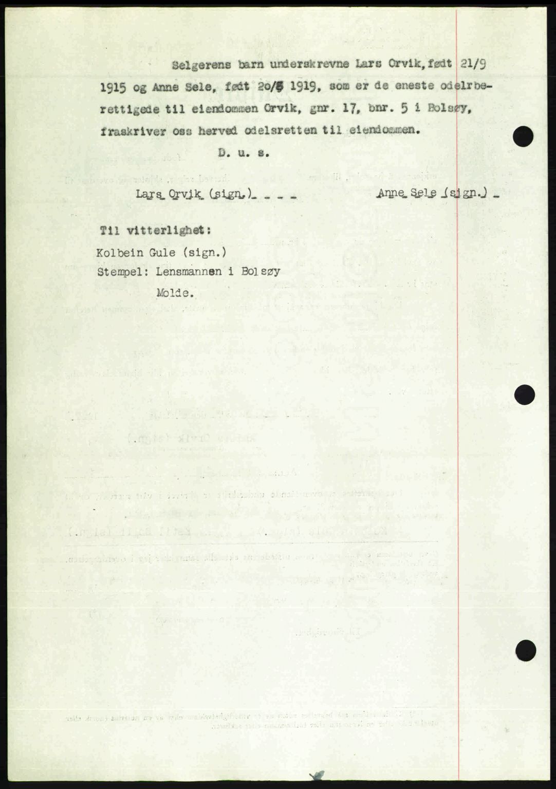 Romsdal sorenskriveri, AV/SAT-A-4149/1/2/2C: Mortgage book no. A23, 1947-1947, Diary no: : 1557/1947