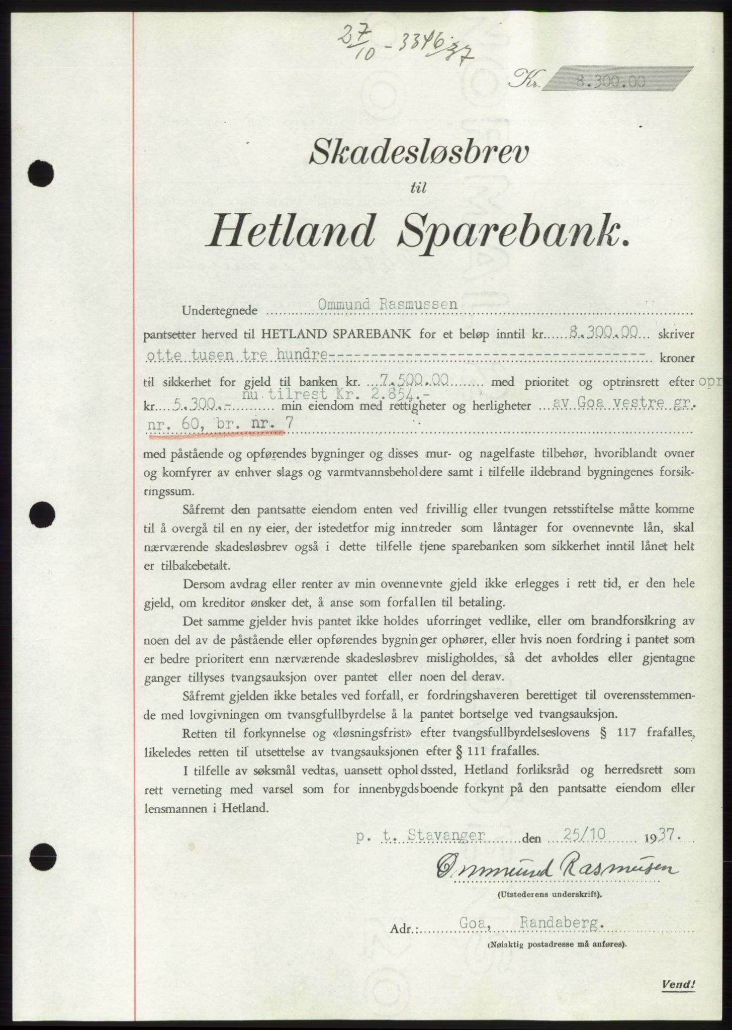Jæren sorenskriveri, SAST/A-100310/03/G/Gba/L0069: Mortgage book, 1937-1937, Diary no: : 3346/1937