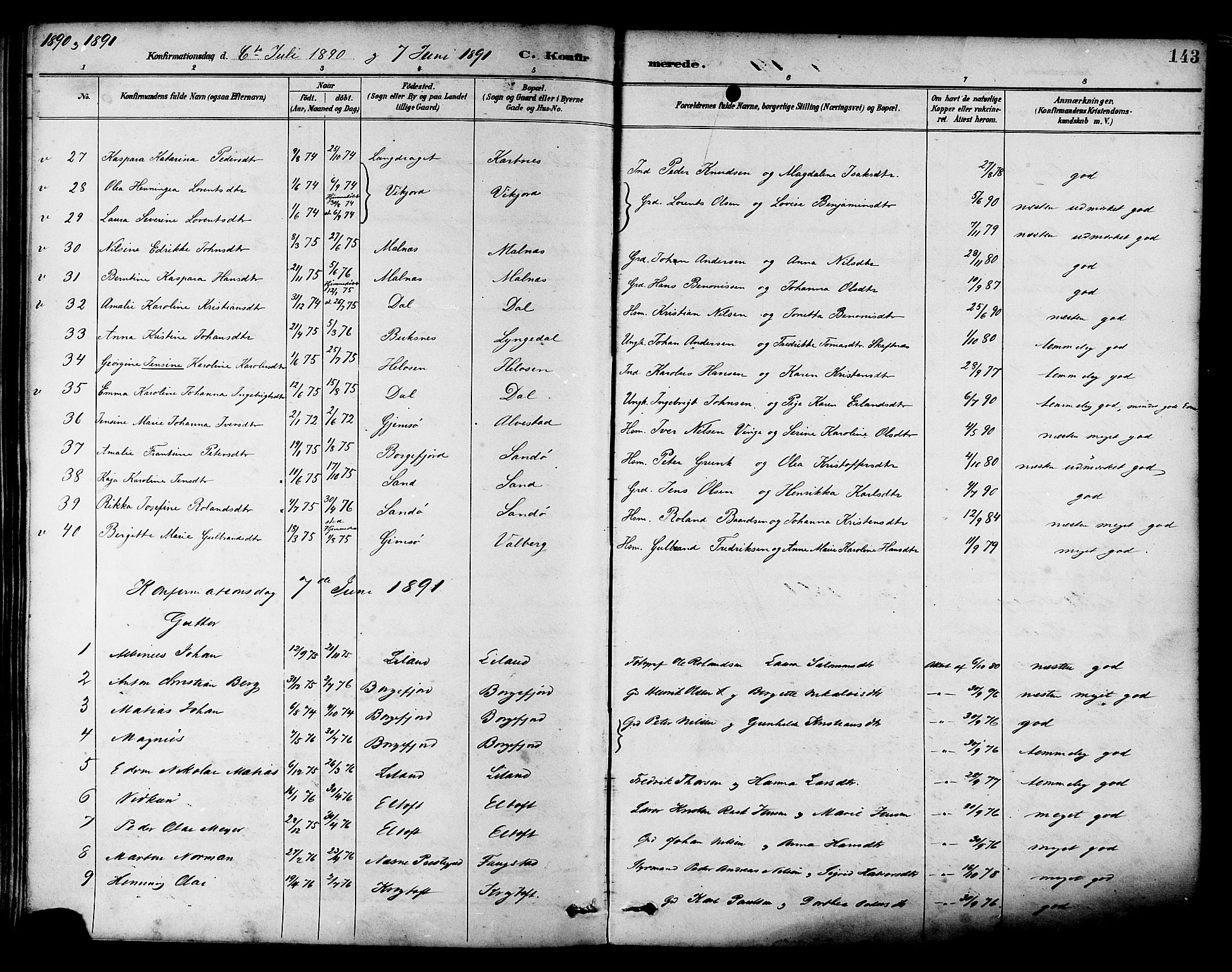 Ministerialprotokoller, klokkerbøker og fødselsregistre - Nordland, SAT/A-1459/880/L1133: Parish register (official) no. 880A07, 1888-1898, p. 143