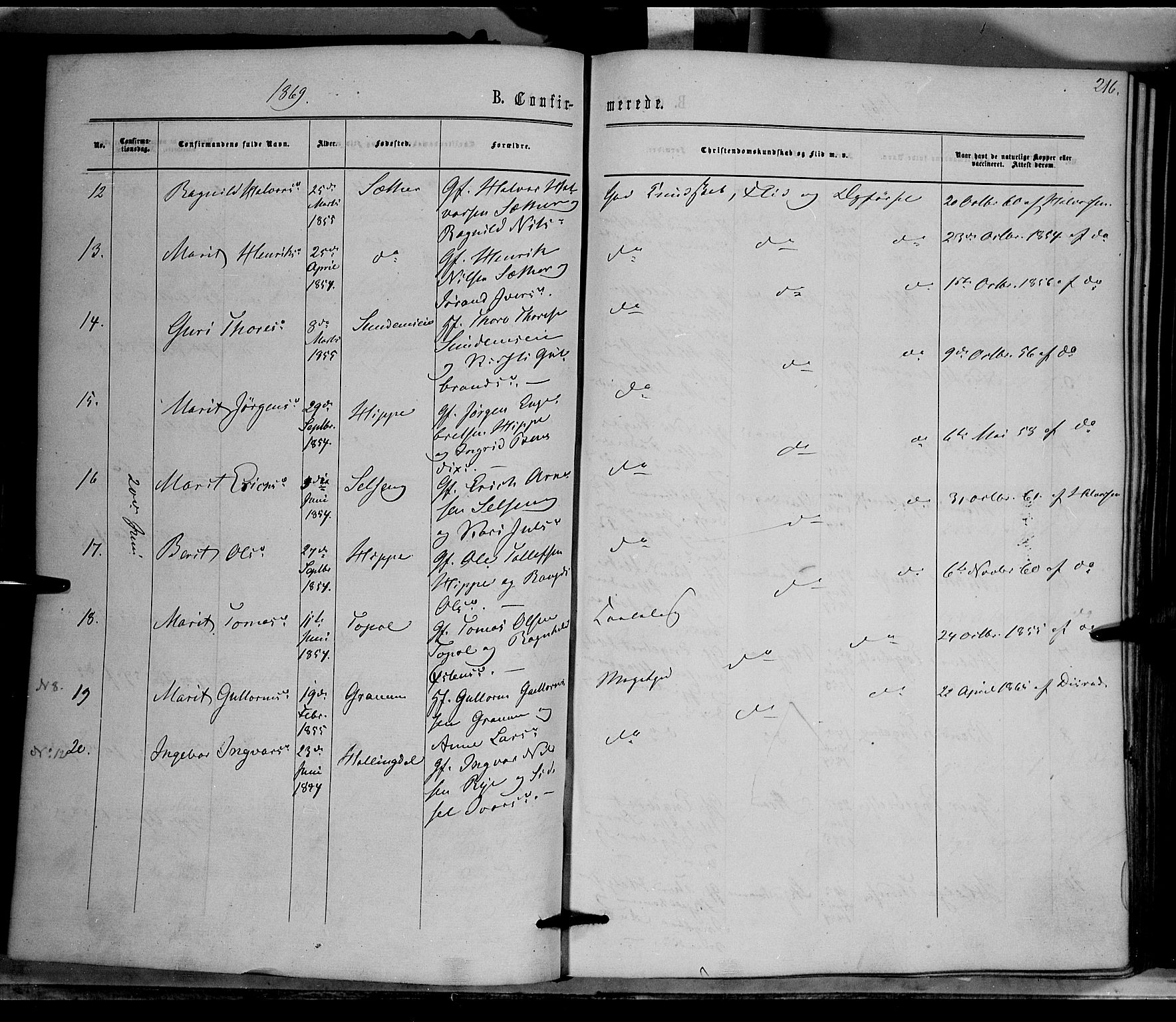Nord-Aurdal prestekontor, SAH/PREST-132/H/Ha/Haa/L0008: Parish register (official) no. 8, 1863-1875, p. 216