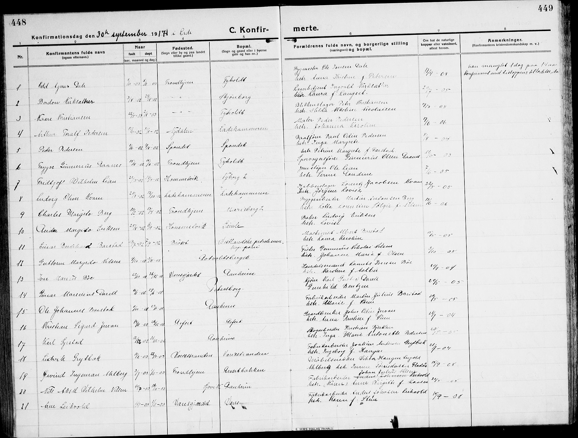 Ministerialprotokoller, klokkerbøker og fødselsregistre - Sør-Trøndelag, AV/SAT-A-1456/607/L0321: Parish register (official) no. 607A05, 1916-1935, p. 448-449