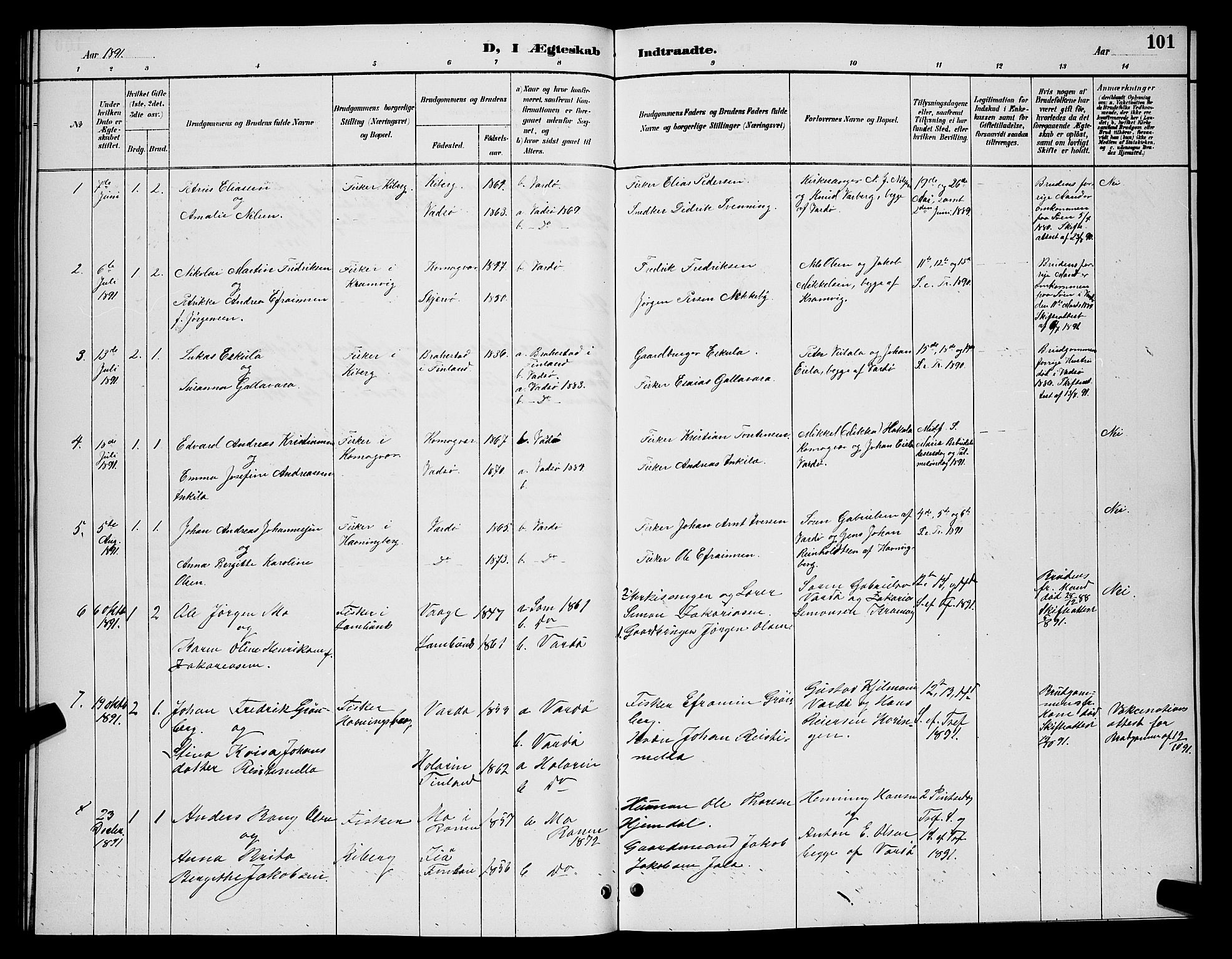 Vardø sokneprestkontor, SATØ/S-1332/H/Hb/L0007klokker: Parish register (copy) no. 7, 1887-1892, p. 101
