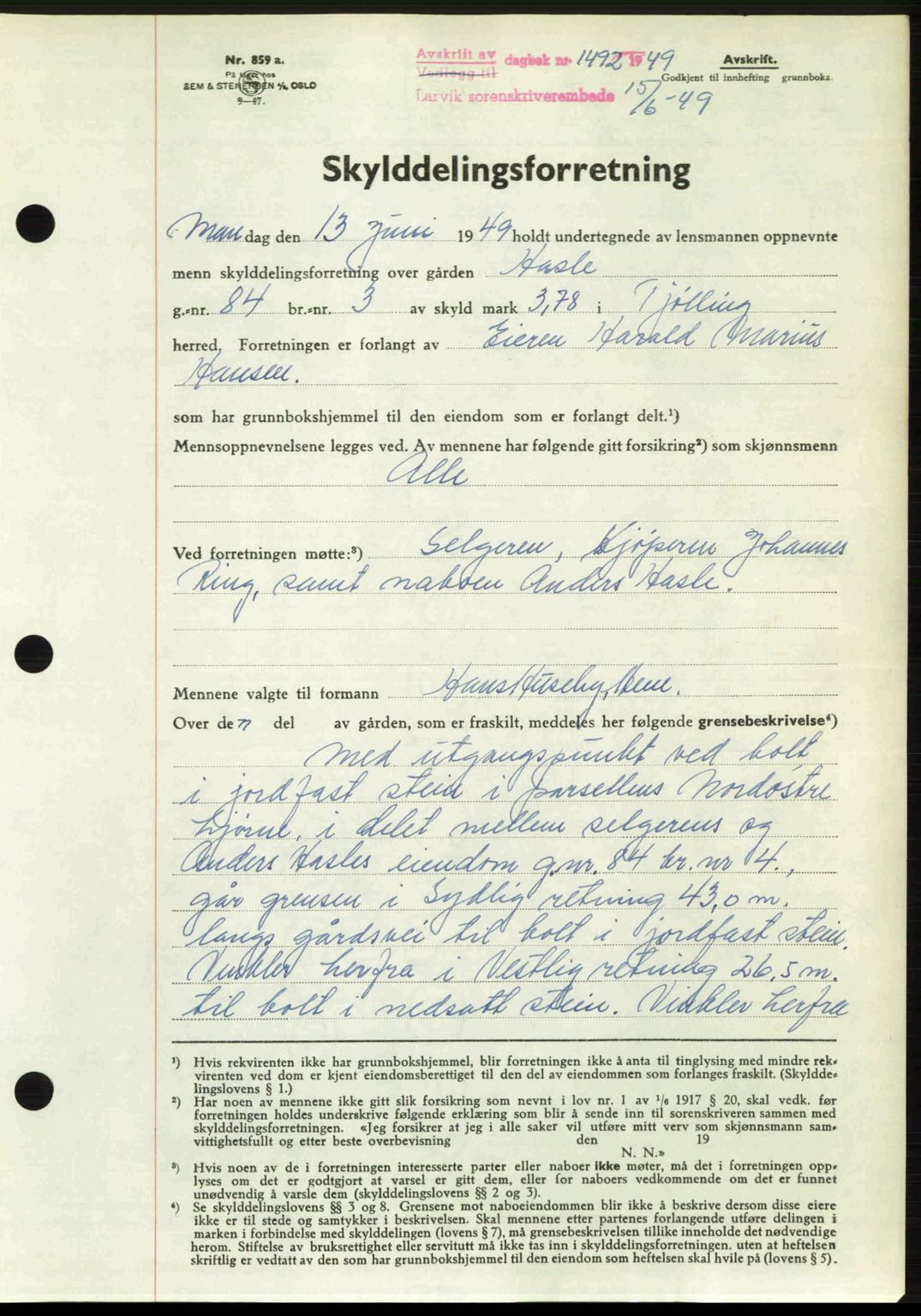 Larvik sorenskriveri, AV/SAKO-A-83/G/Ga/Gab/L0089: Mortgage book no. A-23, 1949-1949, Diary no: : 1492/1949