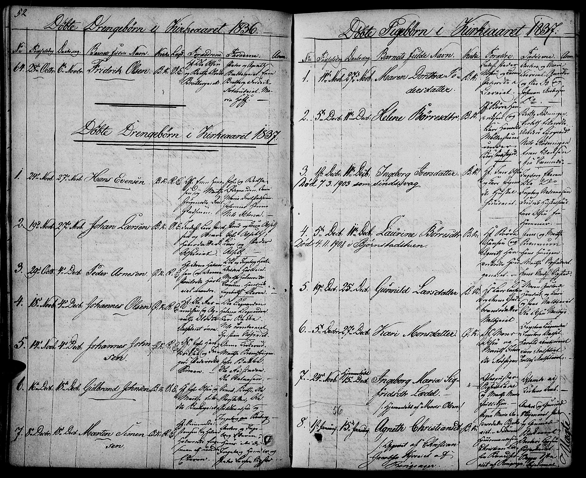Biri prestekontor, SAH/PREST-096/H/Ha/Haa/L0004: Parish register (official) no. 4, 1829-1842, p. 52