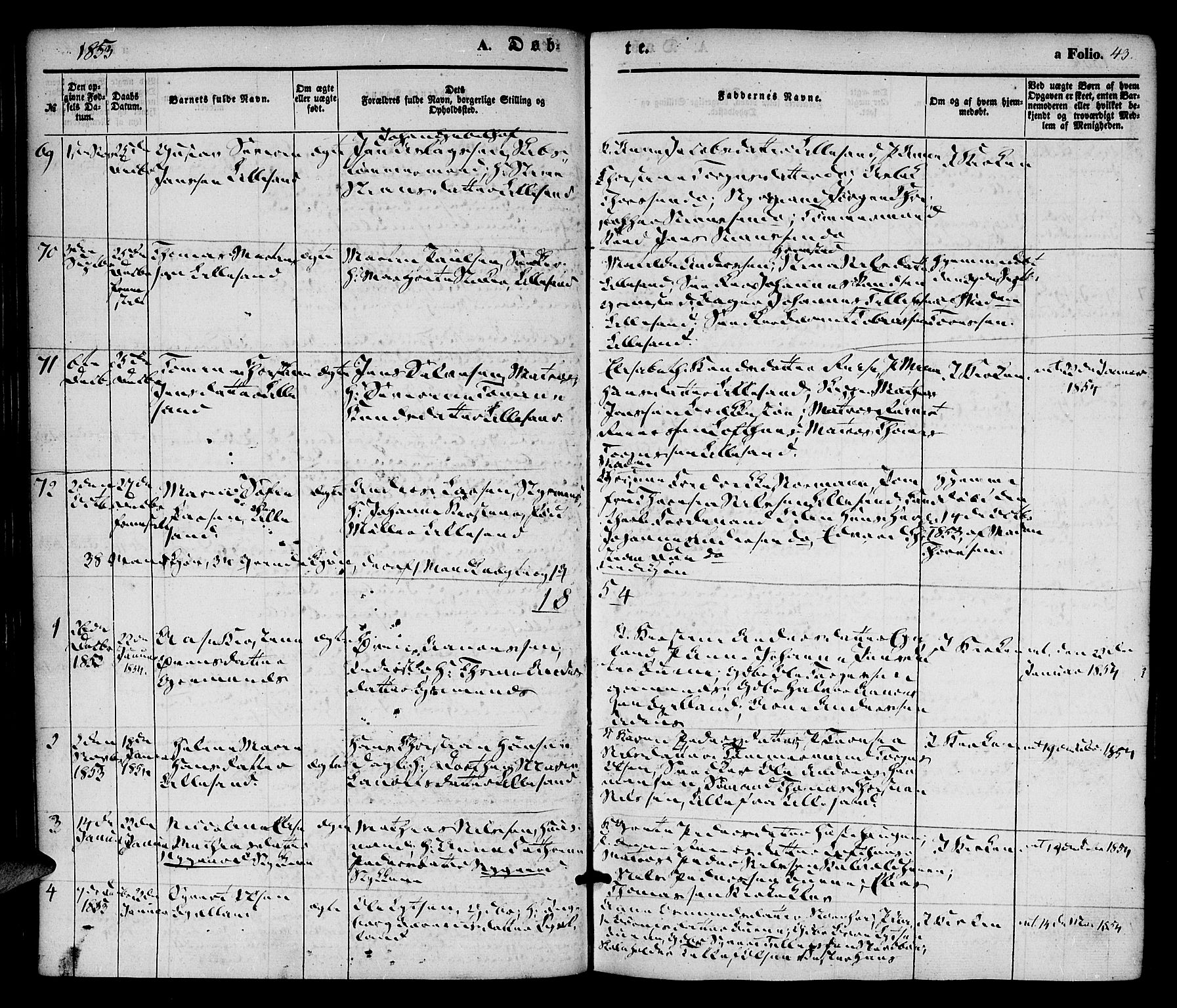 Vestre Moland sokneprestkontor, SAK/1111-0046/F/Fa/Fab/L0006: Parish register (official) no. A 6, 1850-1858, p. 43