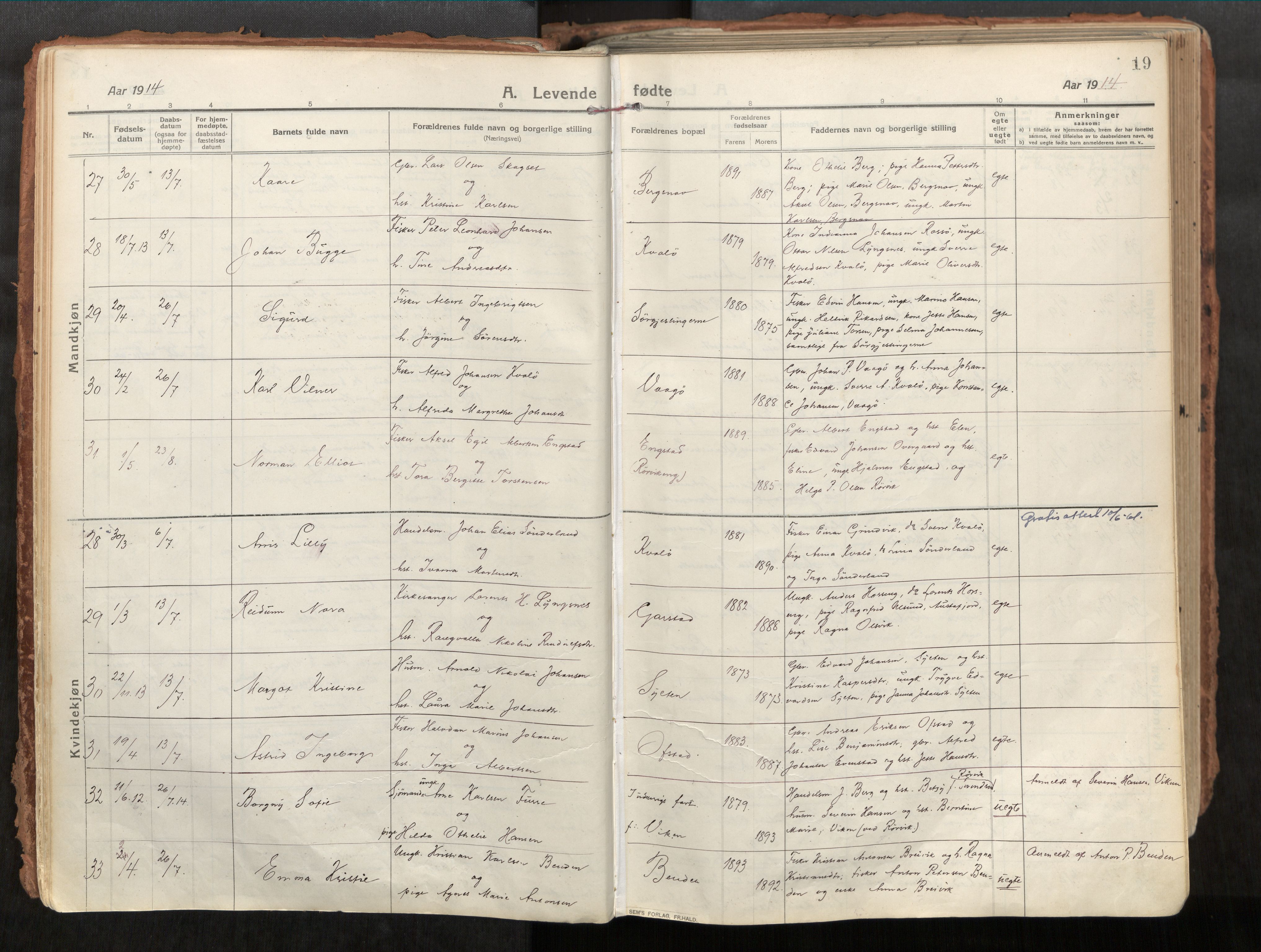 Vikna sokneprestkontor, AV/SAT-A-1173/1/I/I1/I1a/L0001: Parish register (official) no. 1, 1913-1934, p. 19