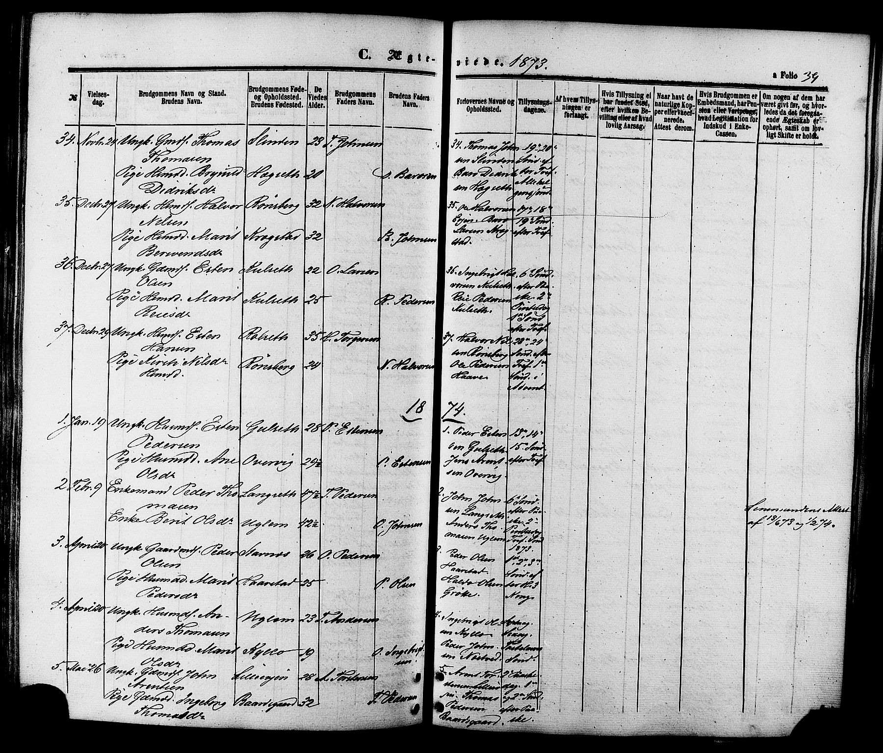 Ministerialprotokoller, klokkerbøker og fødselsregistre - Sør-Trøndelag, AV/SAT-A-1456/695/L1147: Parish register (official) no. 695A07, 1860-1877, p. 39