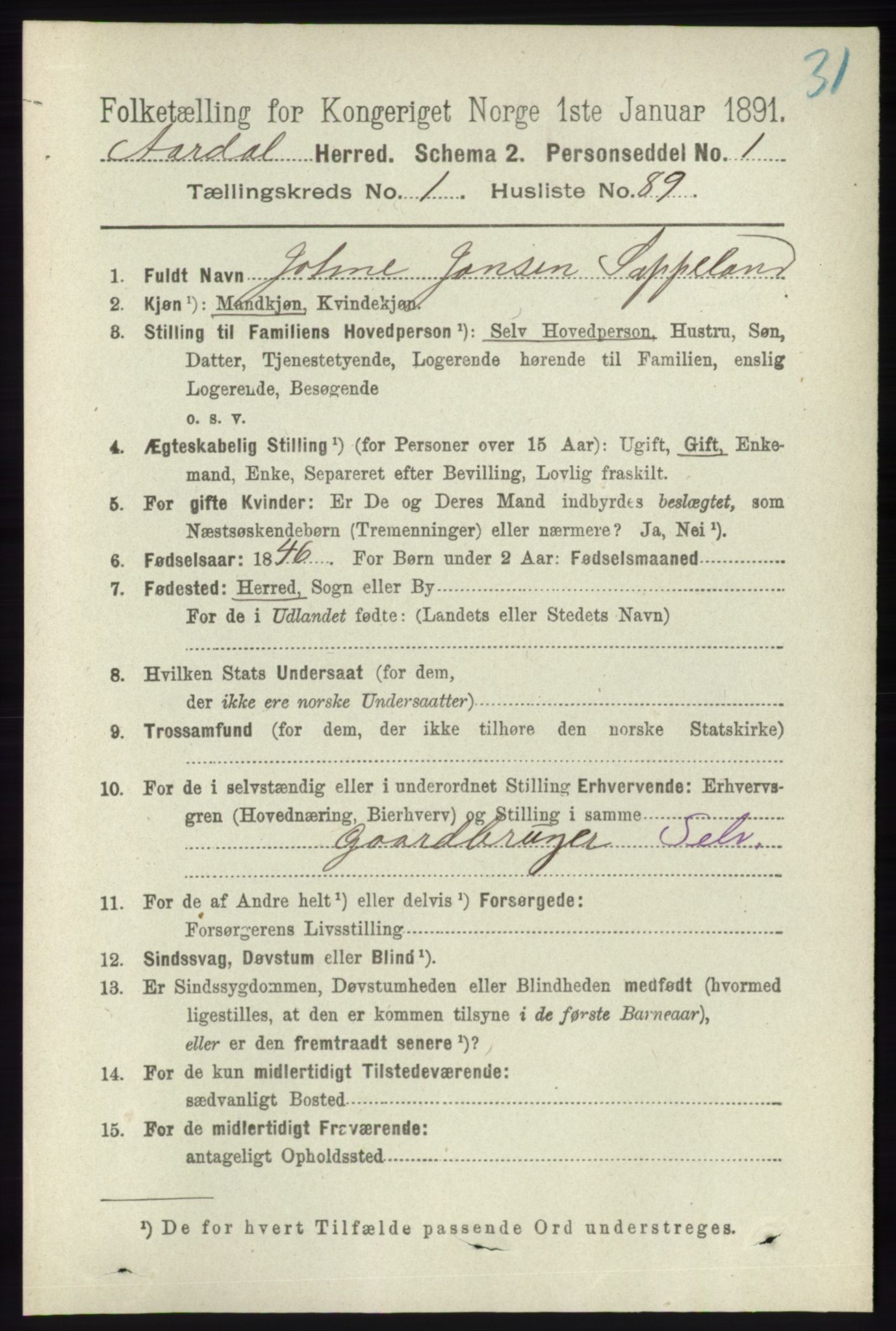 RA, 1891 census for 1131 Årdal, 1891, p. 520