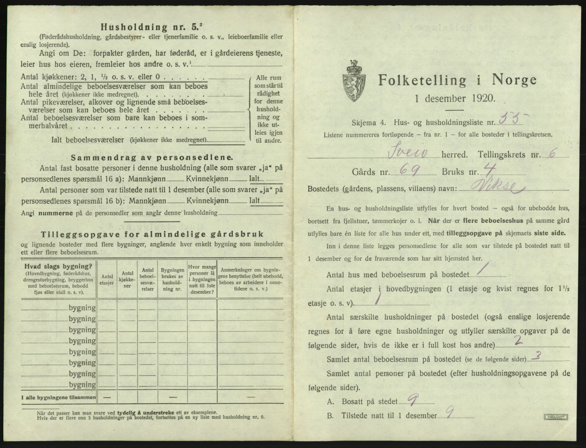 SAB, 1920 census for Sveio, 1920, p. 495