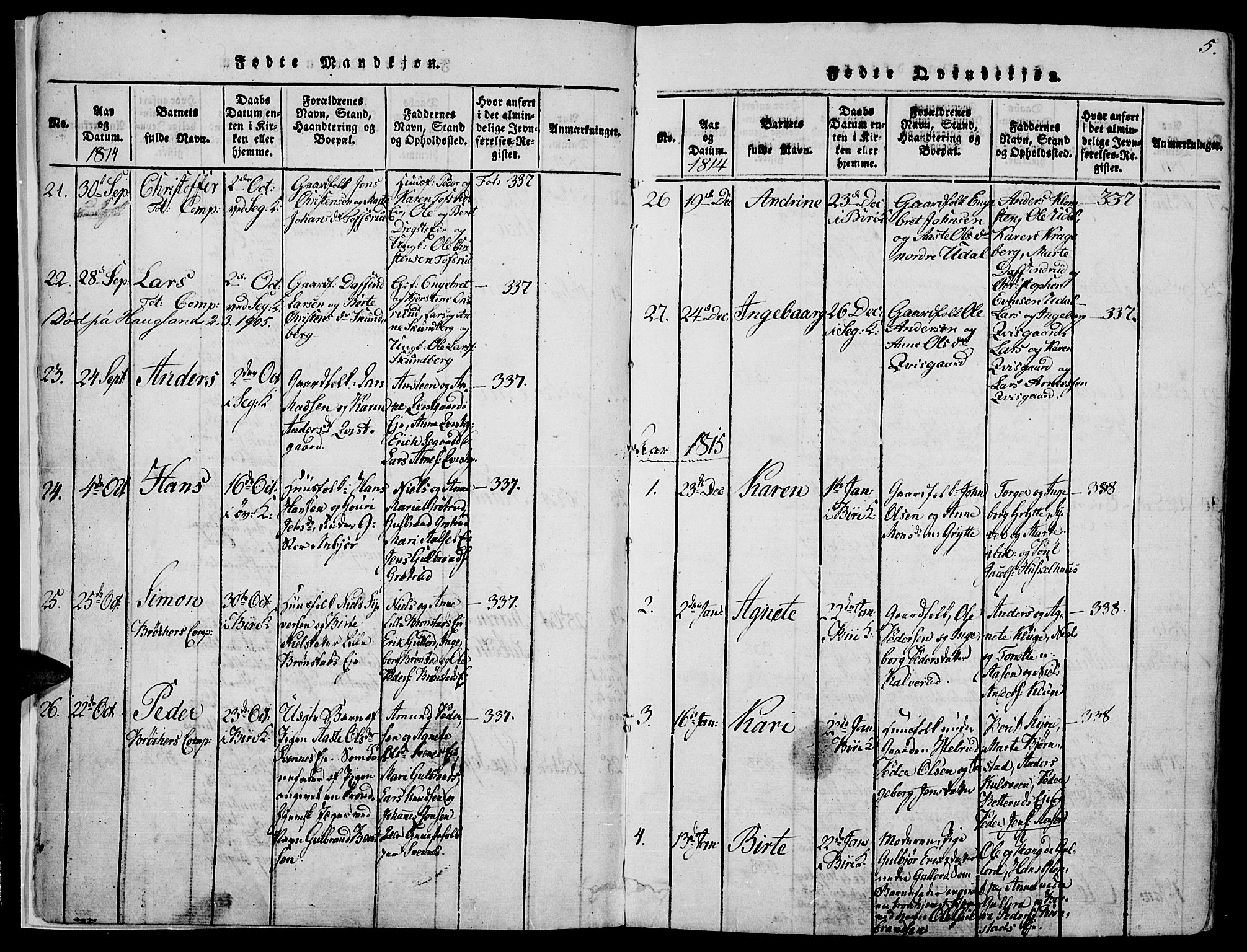 Biri prestekontor, SAH/PREST-096/H/Ha/Haa/L0003: Parish register (official) no. 3, 1814-1828, p. 5