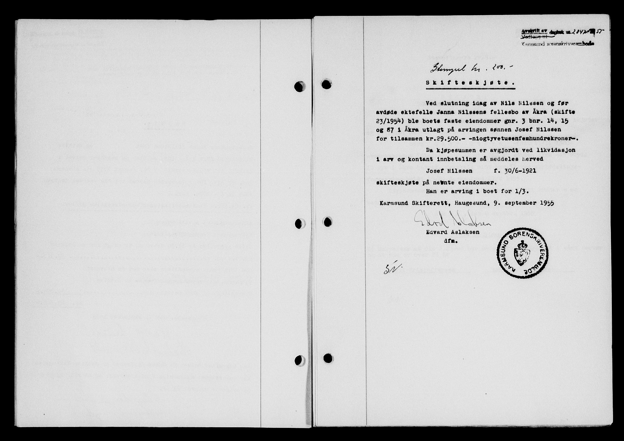 Karmsund sorenskriveri, SAST/A-100311/01/II/IIB/L0117: Mortgage book no. 97Aa, 1955-1955, Diary no: : 2847/1955