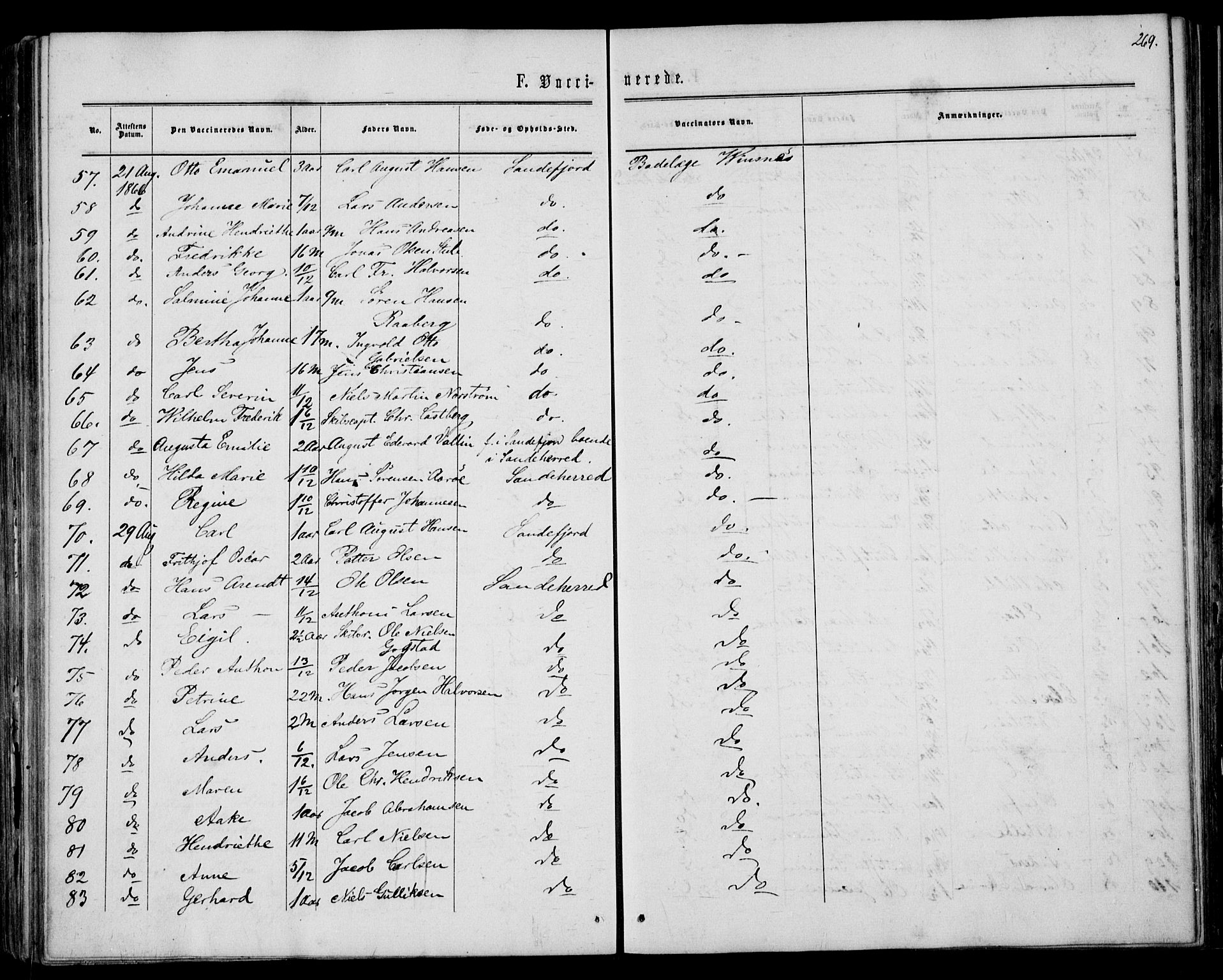 Sandar kirkebøker, AV/SAKO-A-243/F/Fa/L0009: Parish register (official) no. 9, 1862-1871, p. 269