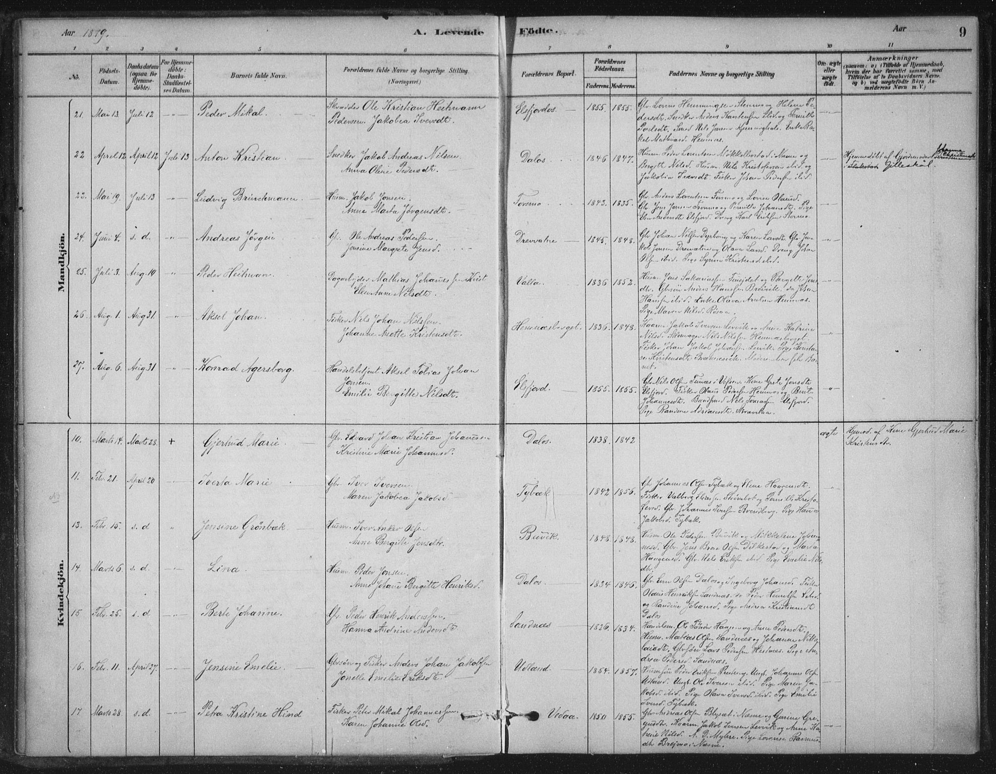 Ministerialprotokoller, klokkerbøker og fødselsregistre - Nordland, AV/SAT-A-1459/825/L0361: Parish register (official) no. 825A15, 1878-1893, p. 9