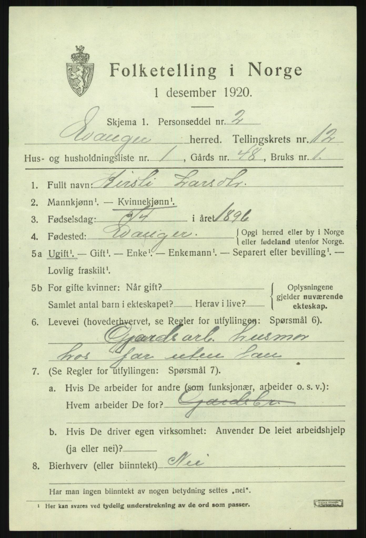 SAB, 1920 census for Evanger, 1920, p. 3651