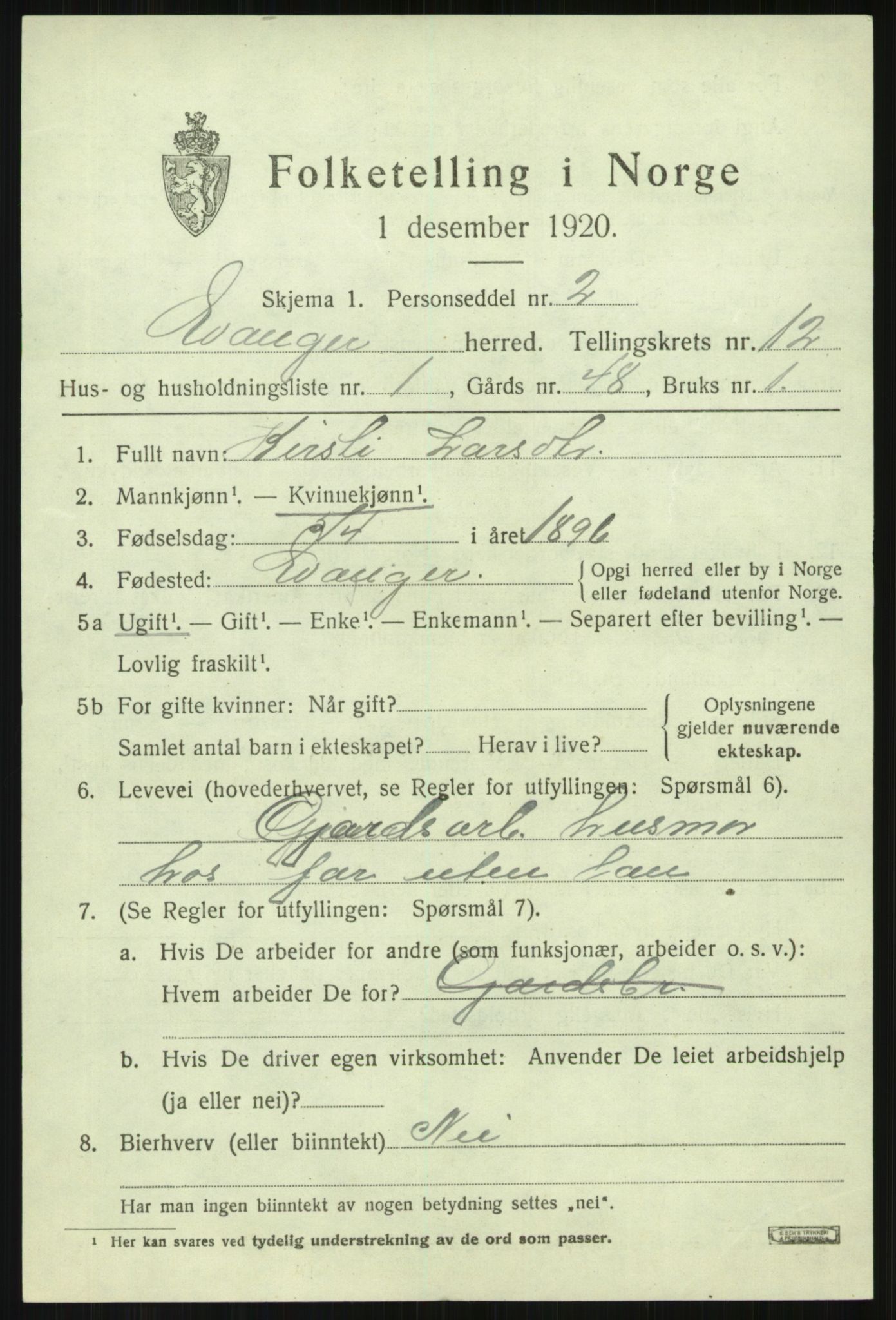 SAB, 1920 census for Evanger, 1920, p. 3651