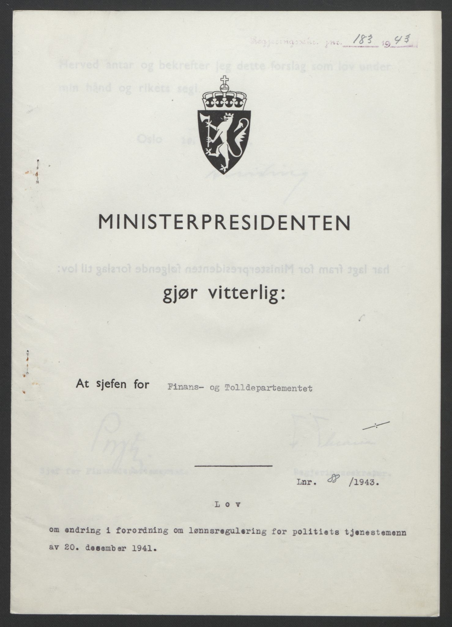 NS-administrasjonen 1940-1945 (Statsrådsekretariatet, de kommisariske statsråder mm), RA/S-4279/D/Db/L0099: Lover, 1943, p. 400