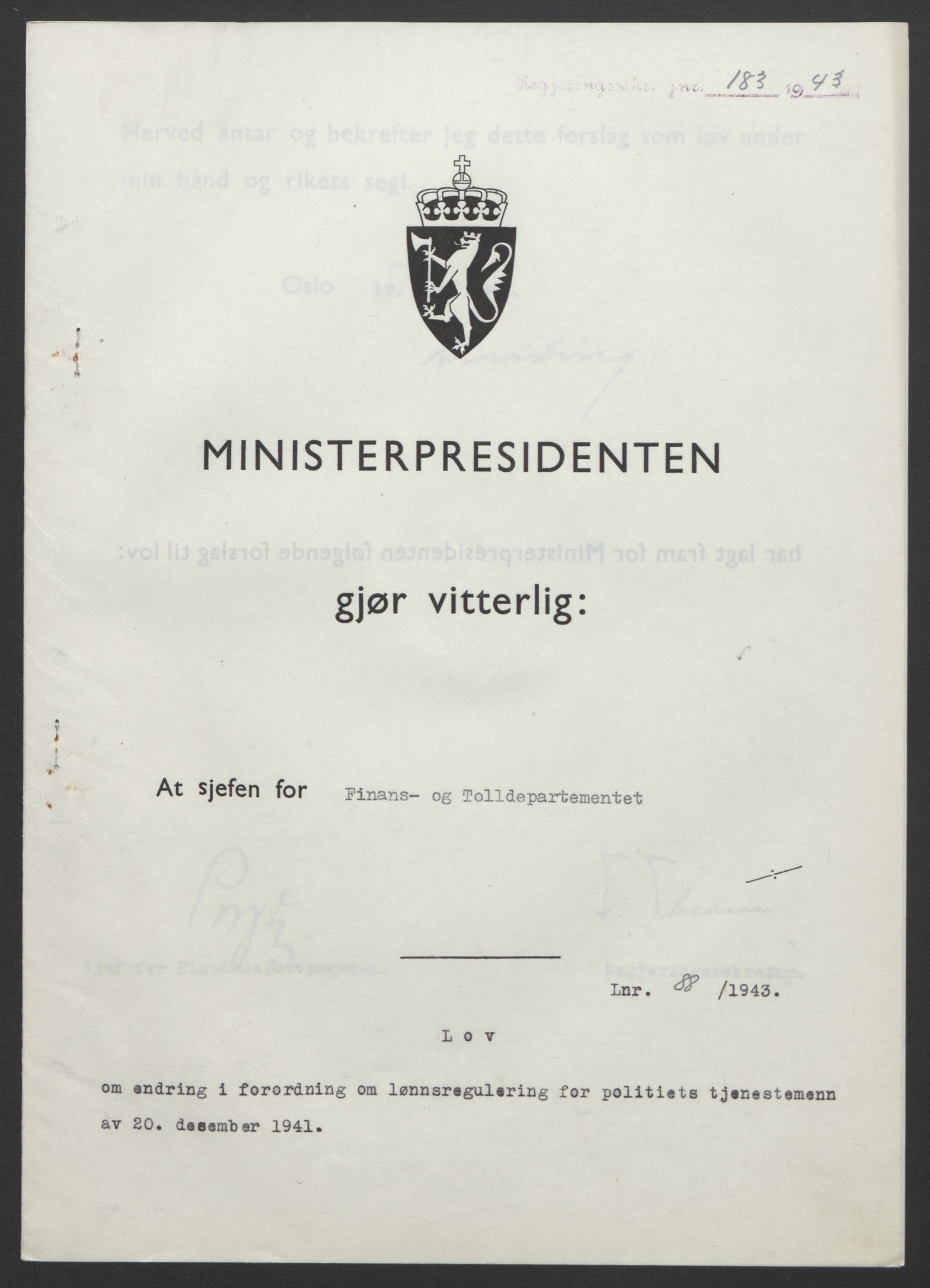 NS-administrasjonen 1940-1945 (Statsrådsekretariatet, de kommisariske statsråder mm), AV/RA-S-4279/D/Db/L0099: Lover, 1943, p. 400