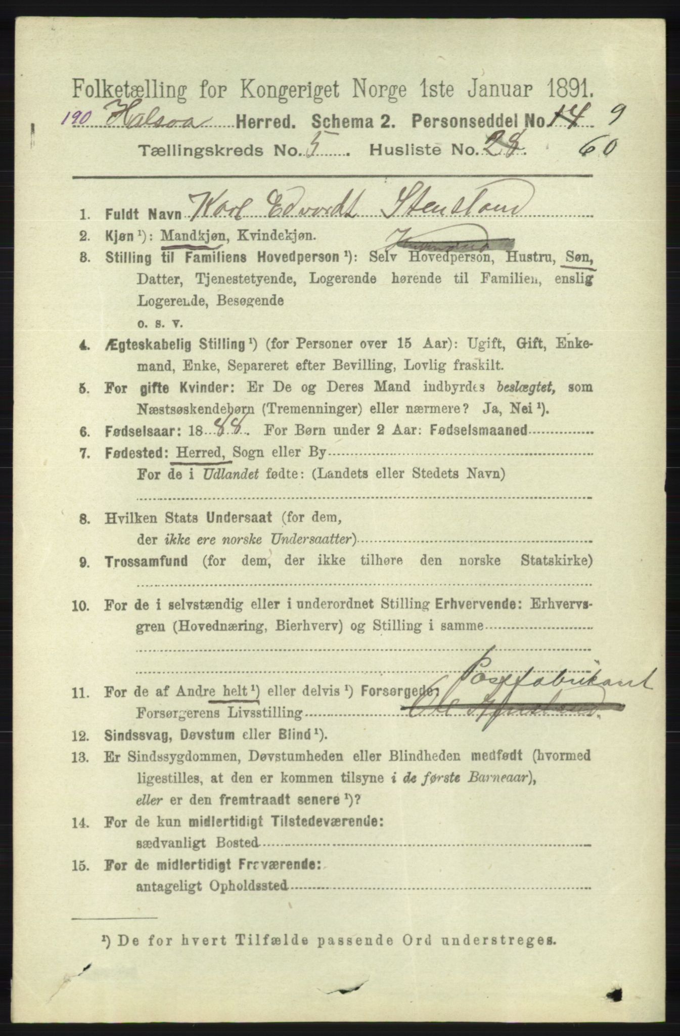 RA, 1891 census for 1019 Halse og Harkmark, 1891, p. 2308