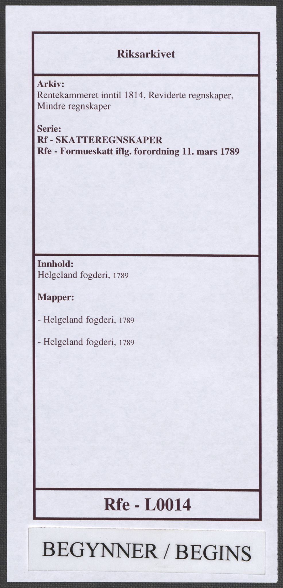 Rentekammeret inntil 1814, Reviderte regnskaper, Mindre regnskaper, AV/RA-EA-4068/Rf/Rfe/L0014: Helgeland fogderi, 1789, p. 1