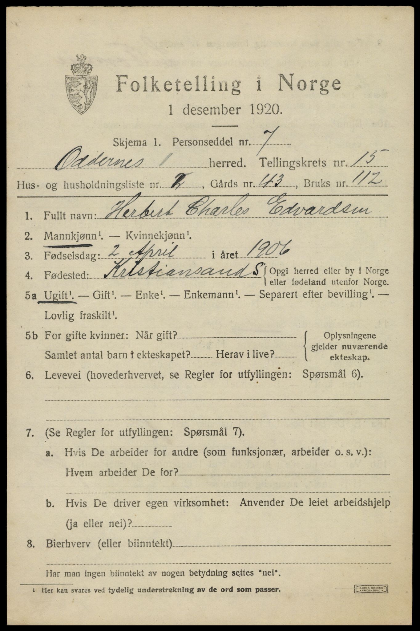 SAK, 1920 census for Oddernes, 1920, p. 9901