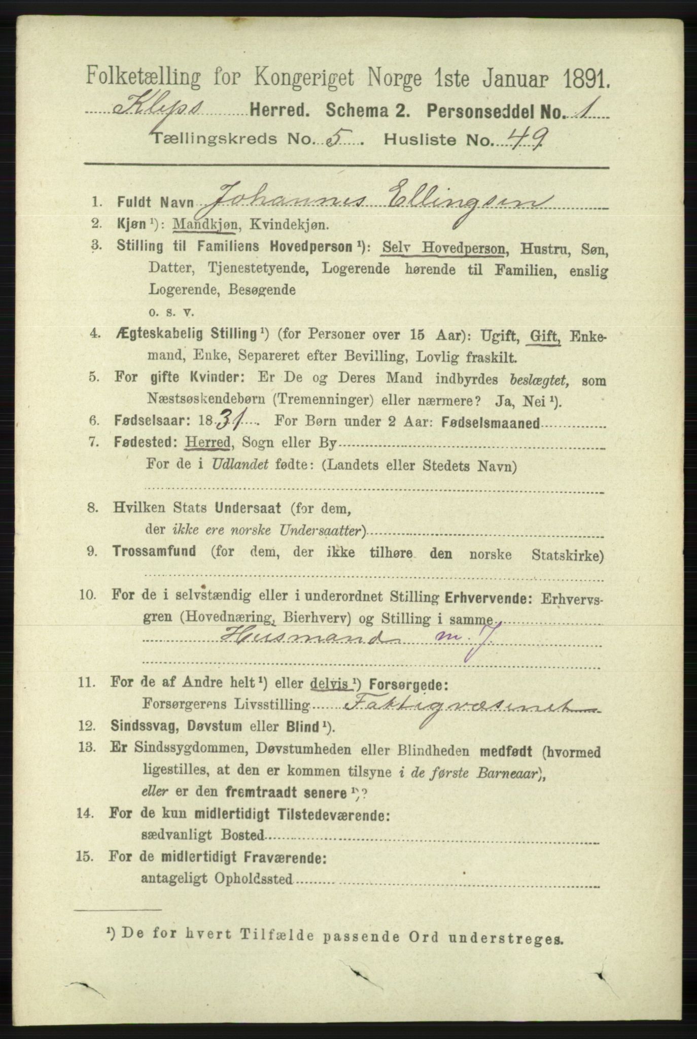 RA, 1891 census for 1120 Klepp, 1891, p. 1654