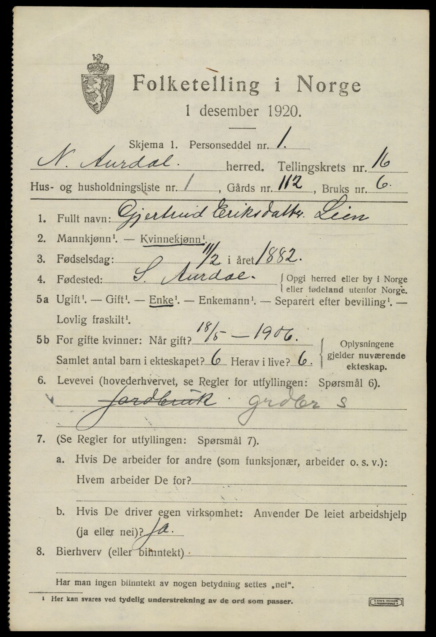 SAH, 1920 census for Nord-Aurdal, 1920, p. 11736