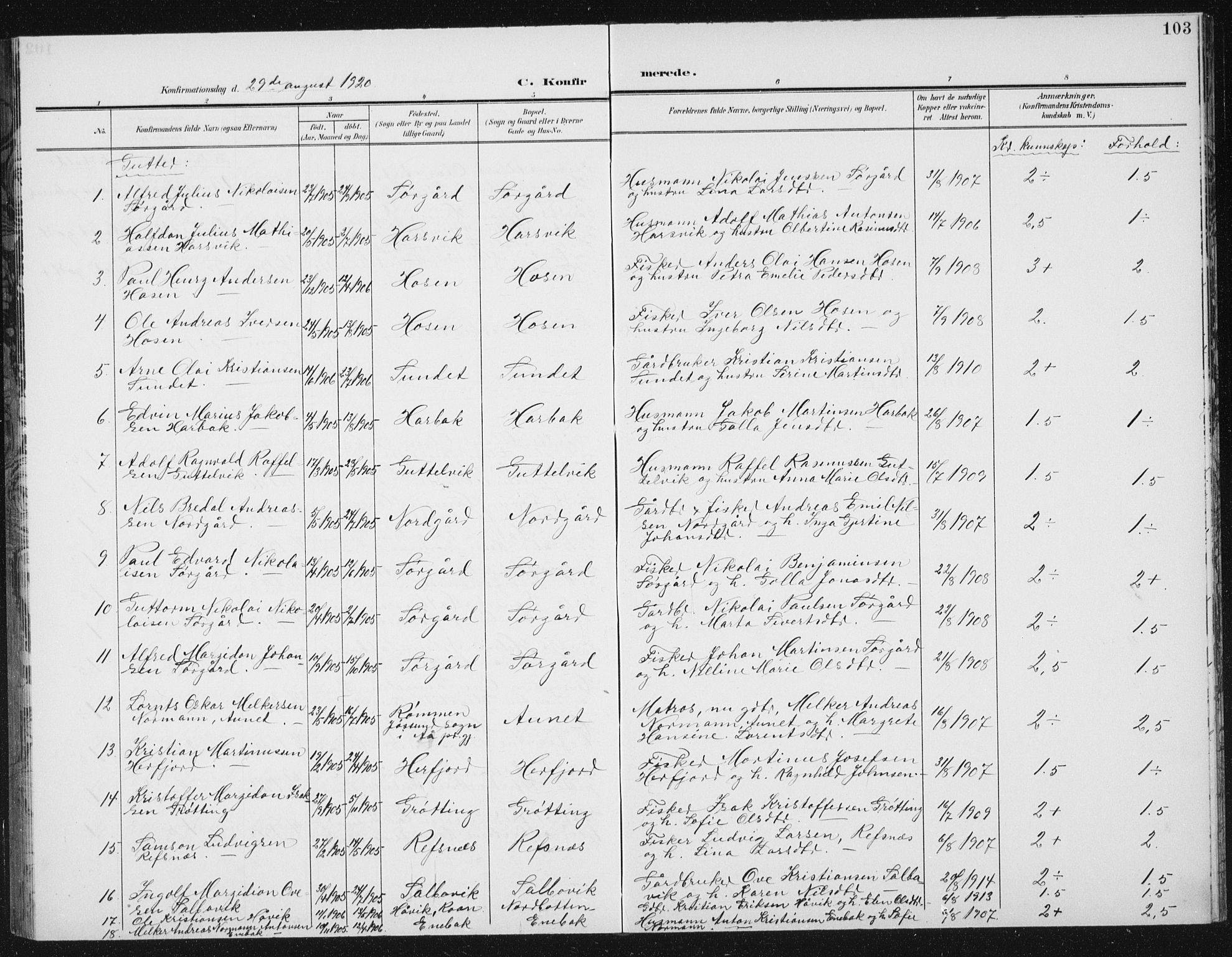 Ministerialprotokoller, klokkerbøker og fødselsregistre - Sør-Trøndelag, SAT/A-1456/656/L0699: Parish register (copy) no. 656C05, 1905-1920, p. 103