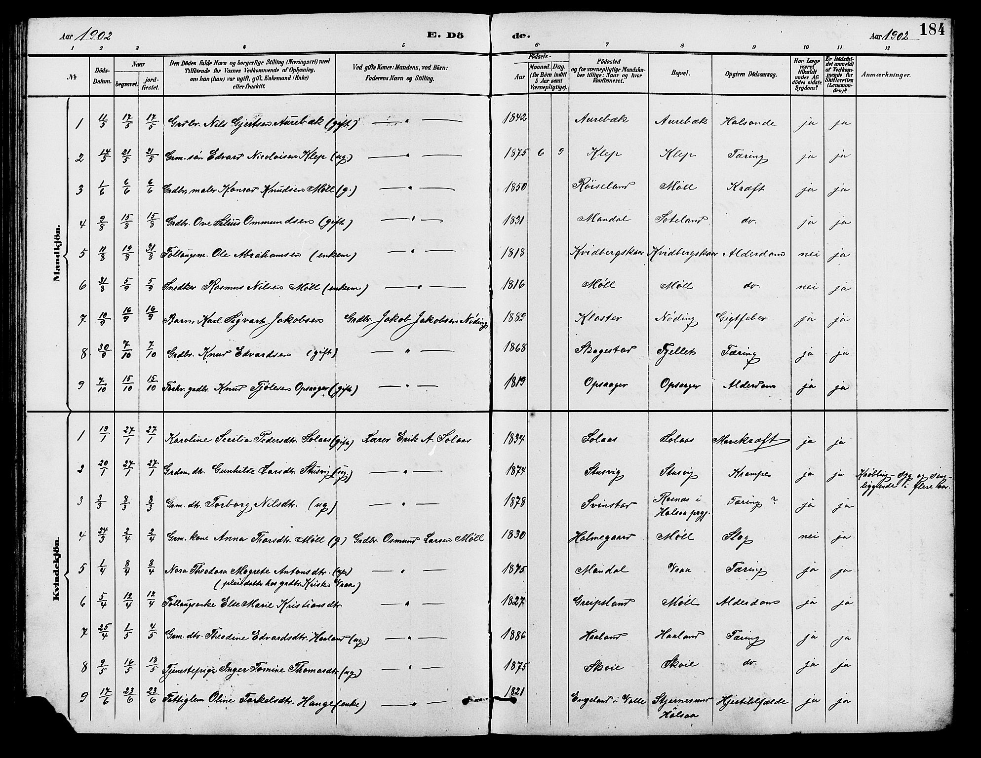Holum sokneprestkontor, SAK/1111-0022/F/Fb/Fba/L0005: Parish register (copy) no. B 5, 1891-1909, p. 184