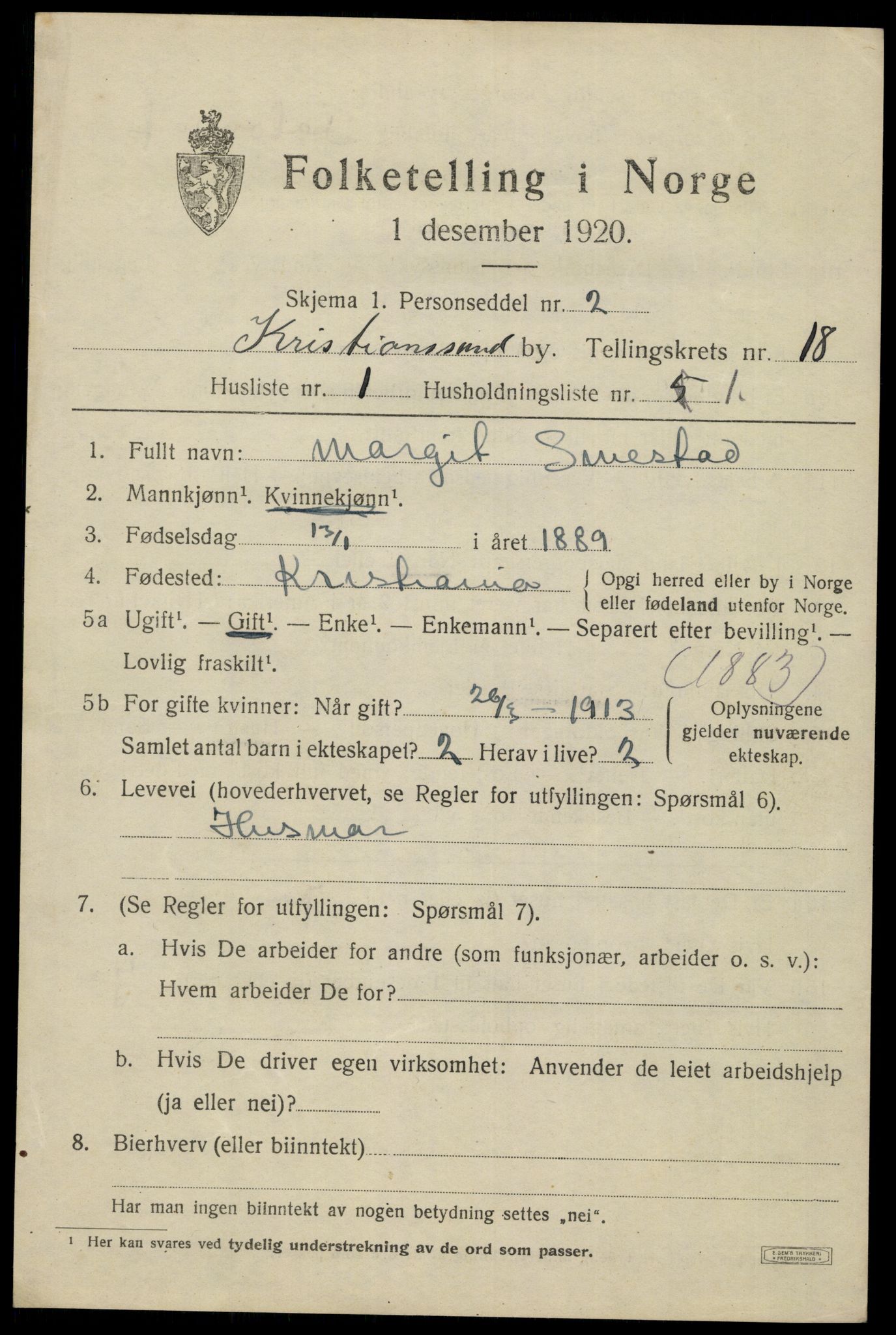 SAK, 1920 census for Kristiansand, 1920, p. 33617