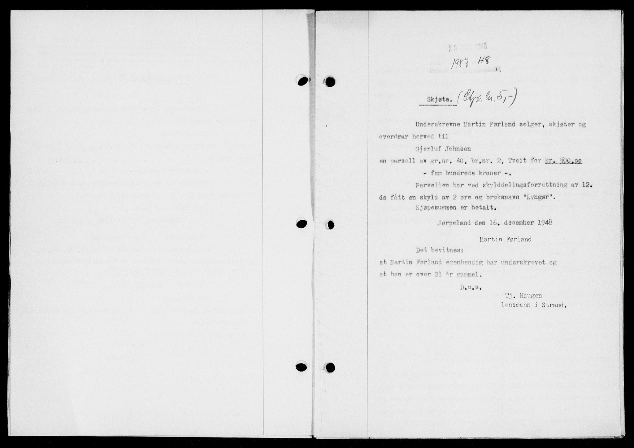 Ryfylke tingrett, AV/SAST-A-100055/001/II/IIB/L0104: Mortgage book no. 83, 1948-1949, Diary no: : 1987/1948