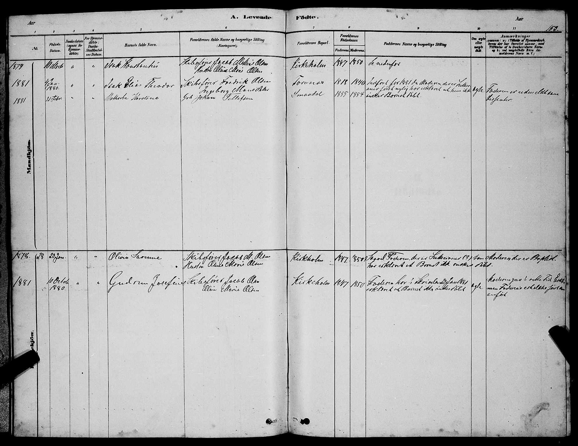 Ministerialprotokoller, klokkerbøker og fødselsregistre - Møre og Romsdal, SAT/A-1454/507/L0081: Parish register (copy) no. 507C04, 1878-1898, p. 153
