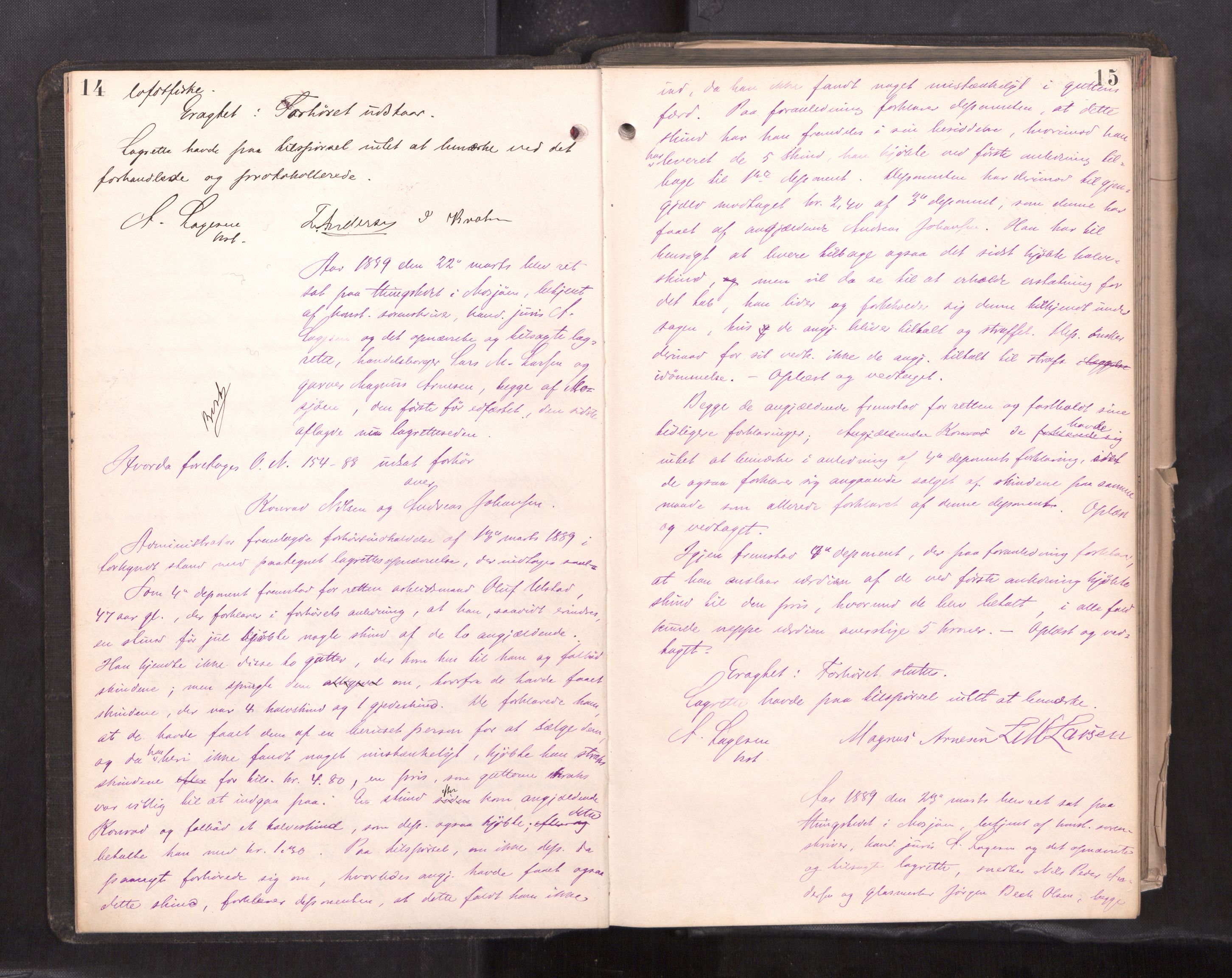 Søndre Helgeland sorenskriveri, AV/SAT-A-4575/1/1/1B/1Ba/L0018: ekstrarettsprotokoll, 1889-1893, p. 14-15