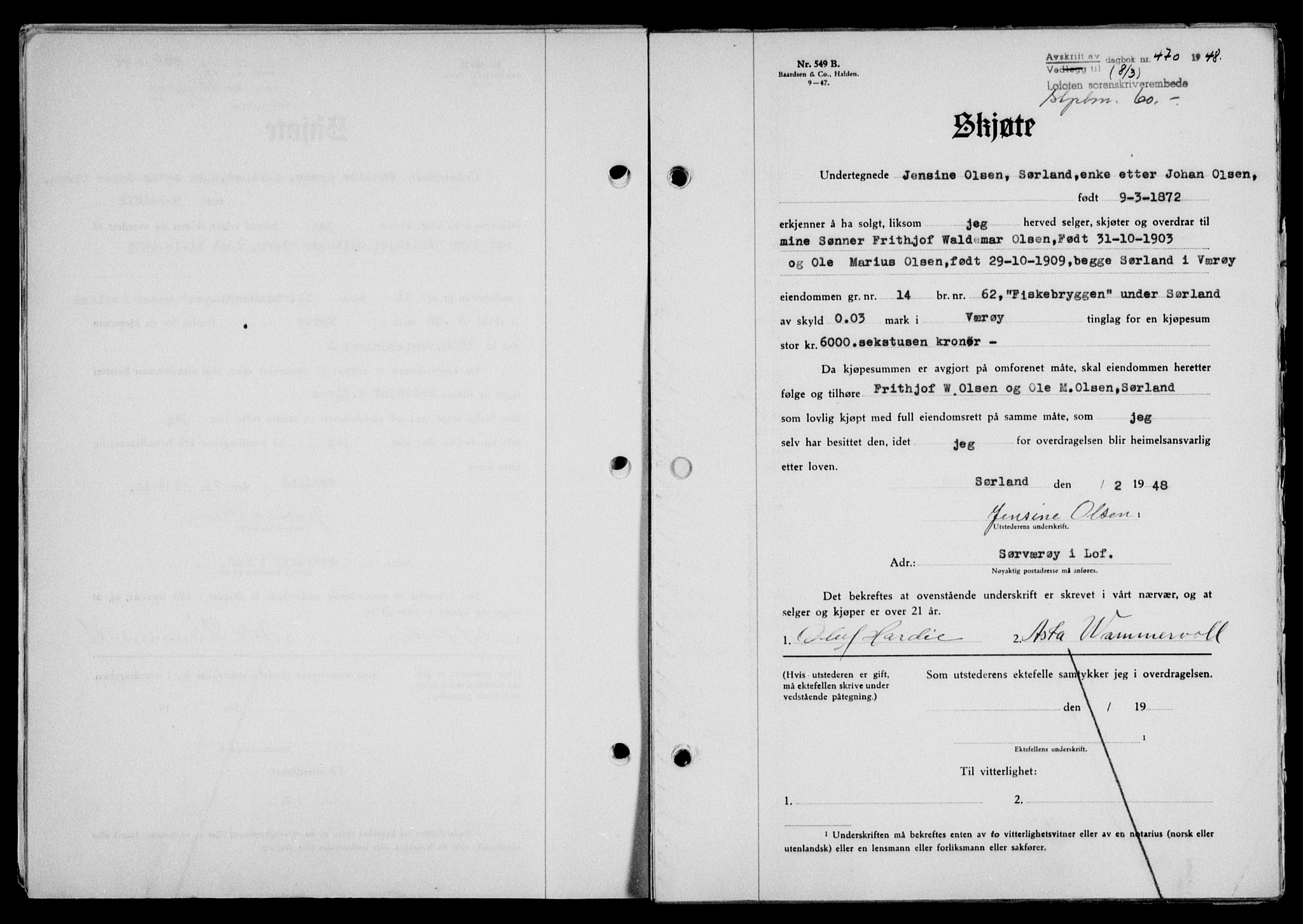 Lofoten sorenskriveri, SAT/A-0017/1/2/2C/L0018a: Mortgage book no. 18a, 1948-1948, Diary no: : 470/1948
