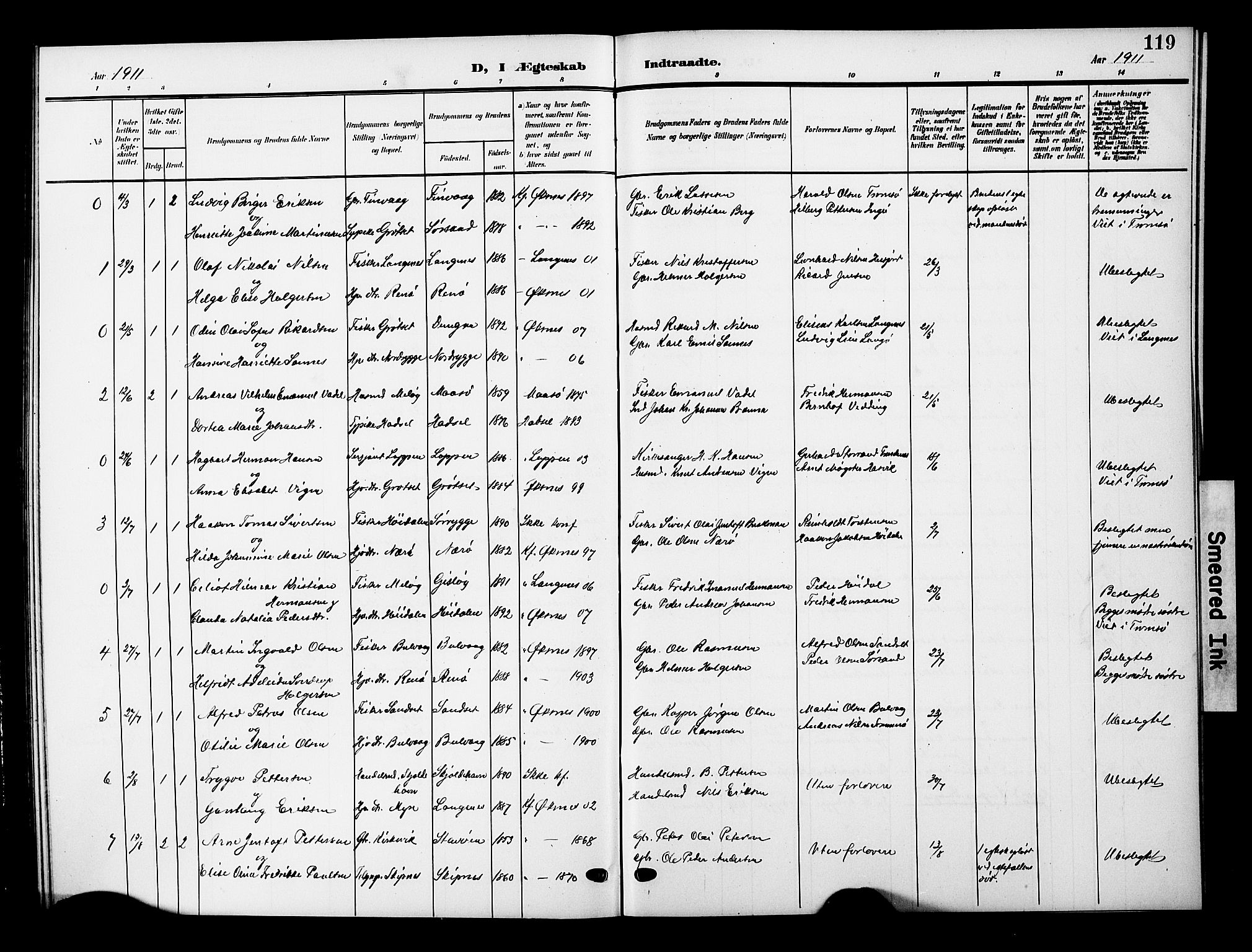 Ministerialprotokoller, klokkerbøker og fødselsregistre - Nordland, SAT/A-1459/893/L1350: Parish register (copy) no. 893C05, 1906-1927, p. 119