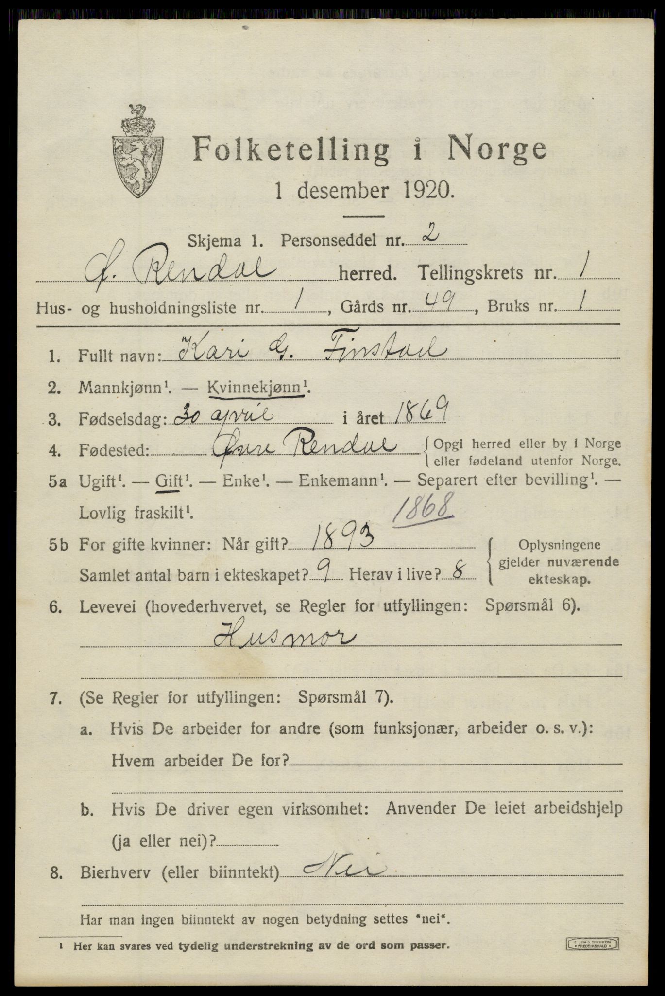 SAH, 1920 census for Øvre Rendal, 1920, p. 685